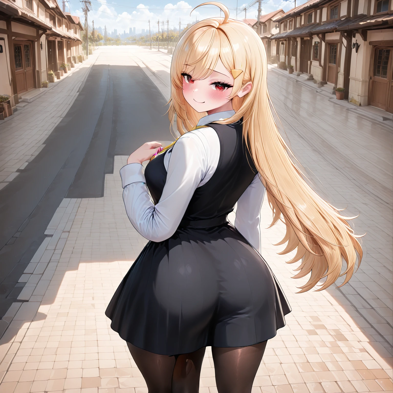 <lora:twistedscarlett60_style:0.8>,((masterpiece,best quality)), absurdres, <lora:serena_v1:0.6>, serena \(pokemon\), 1girl, long hair, hips, thighs, sexy adult, breasts, black thighhighs, long hair, hat, jewelry, bracelet, black thighhighs, collared shirt, pleated skirt, red skirt, sleeveless, high-waist skirt, sleeveless shirt, pink headwear, black shirt, eyewear on headwear, covered navel, solo, cinematic composition, contrapposto, blush, detailed blue eyes, detailed pupils, looking at viewer, parted lips, narrowed eyes, cowboy shot
city, walking on the sidewalk, cars, buildings, looking back,
rear view, walking, butt
huge testicles between legs, dicktail
<lora:futanari_concept_full_v1:0.8> futanari, (huge testicles) between thighs, sagging testicles, rear view of penis, taint