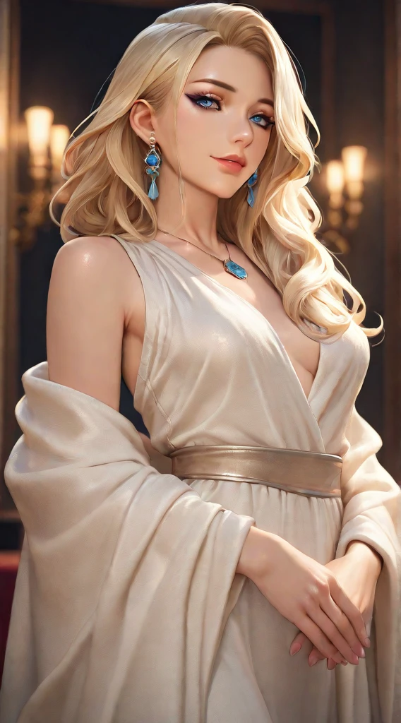 Greek goddess Aphrodite, beautiful blonde woman, wearing a long gala event dress, curly red hair, green eyes, scarlet red dress, 8k, Greece, ultra realistic, cinematic --auto --s2