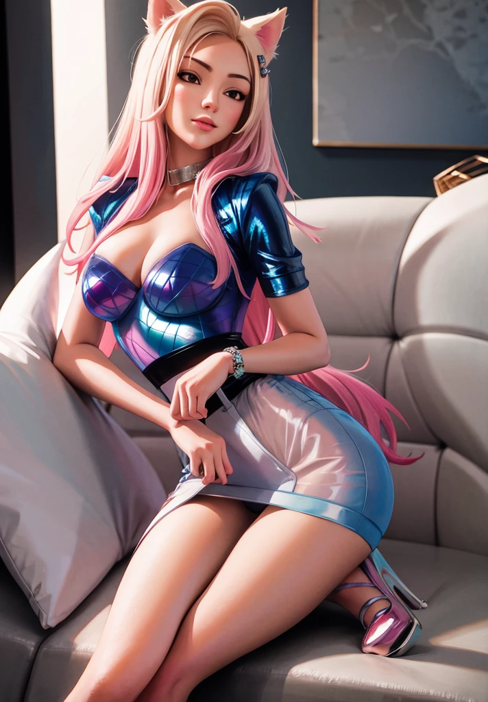 Woman, long curly hair, pink hair, blue eyes, short outfit, sexy medieval outfit, sexy , room scene, elf, Elf ear, elf