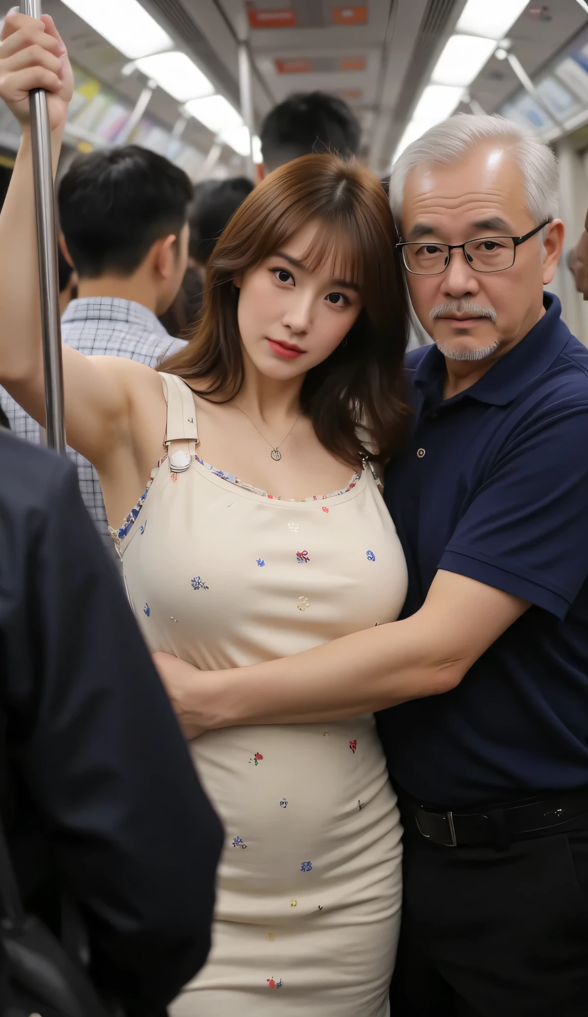 In the bustle of the TOKYO subway at rush hour, a woman caught in a dense stream of people. His body was wedged so tightly between the shoulders and backs of other passengers that he could barely move. A beautiful woman of 50 years old, her face resembles a model, Her hair is wavy length, big boobs cup size E 42, she wears a cream overalls dress with a small floral print, Her huge breasts are attached to the arms of an old man who wears a navy blue polo shirt. The woman's facial expression is very seductive. This photo was taken by a hidden camera behind the backs of other passengers, Half-body close-up, foto tampak samping. Adegan realistis, cahaya sinematis, 8K.