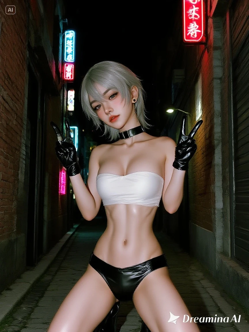 Upper body, 1girl in, (Angelum:1.4), Large breasts, Panties, Midriff, facing side, Looking at Viewer, (cleavage), Cropped jacket、downward kick、A detailed eye、A detailed face、motion-blur、((tremble for))、kick、Highkick、while leaning your body、Capoeira