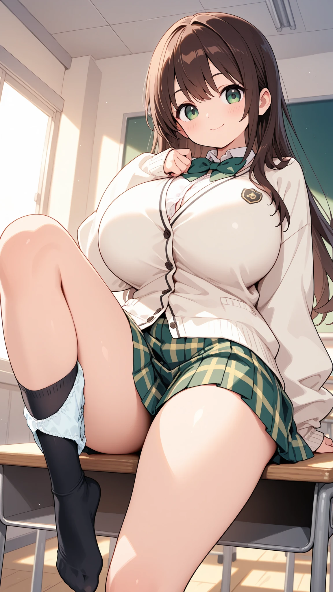 (Highest quality、Masterpiece、Very detailed、8K)、One Woman、Big Breasts、18-year-old、high school student、((stand))、((bowlegs))、((No panties))、((Spread pussy))
