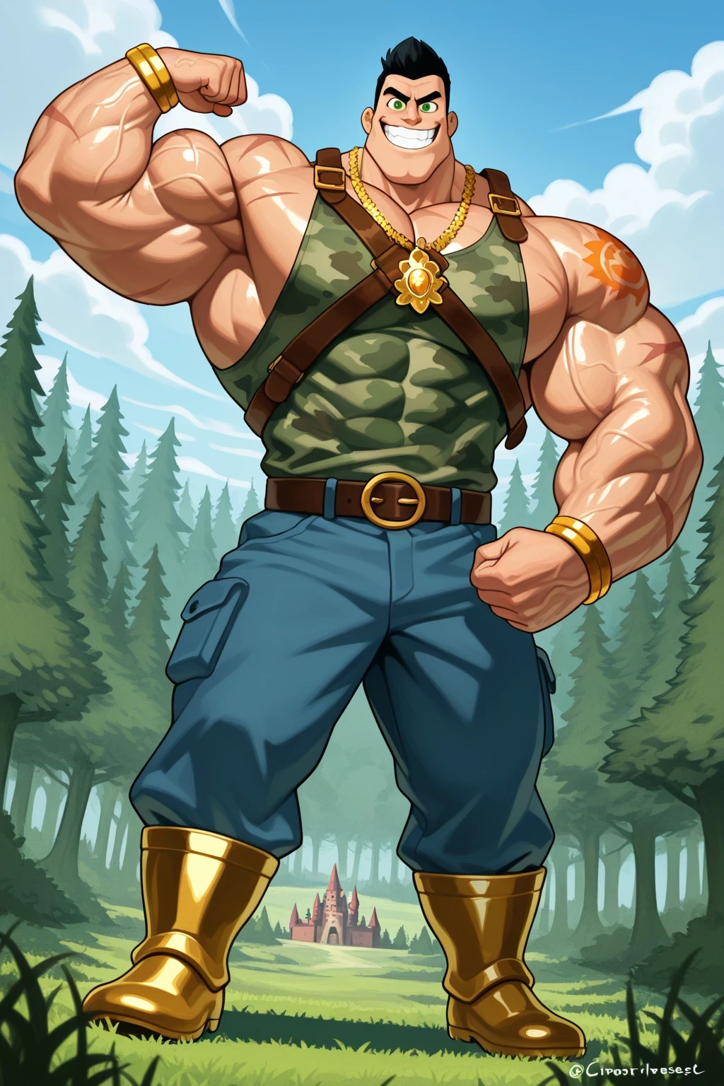 solo, detailed, shaded, human, giant muscular strong man, muscular, solo, black hair, flat top, green eyes, mouth open, teeths, powerful smile expression, flat brow, gigantic chin, big rectangular eyebrows, flat brow, golden armor and chest, golden bracelets with colorful jewels, green camo clothing, brown harness, tank top, golden and black belt, golden necklaces, blue camo print, ripped dark blue pants, bigger golden boots, standing, full-length portrait, mouth open, biggest arms, big castle background, field background, forest background, grass, trees, plants, blue sky and clouds background, micro background, focus far away, a green giant beanstalk behind, normal angle, huge muscles, flexing one arm, ginormous biceps, enormous pectorals, detailed abs, scars on his eyes and arms, veins, fire tattoos, giant size, macro size, 50-foot size, 100-feet tall, a legendary giant of the fairytale story jack and the beanstalk, fairytale fantasy scene, jack and the beanstalk fairytale story.