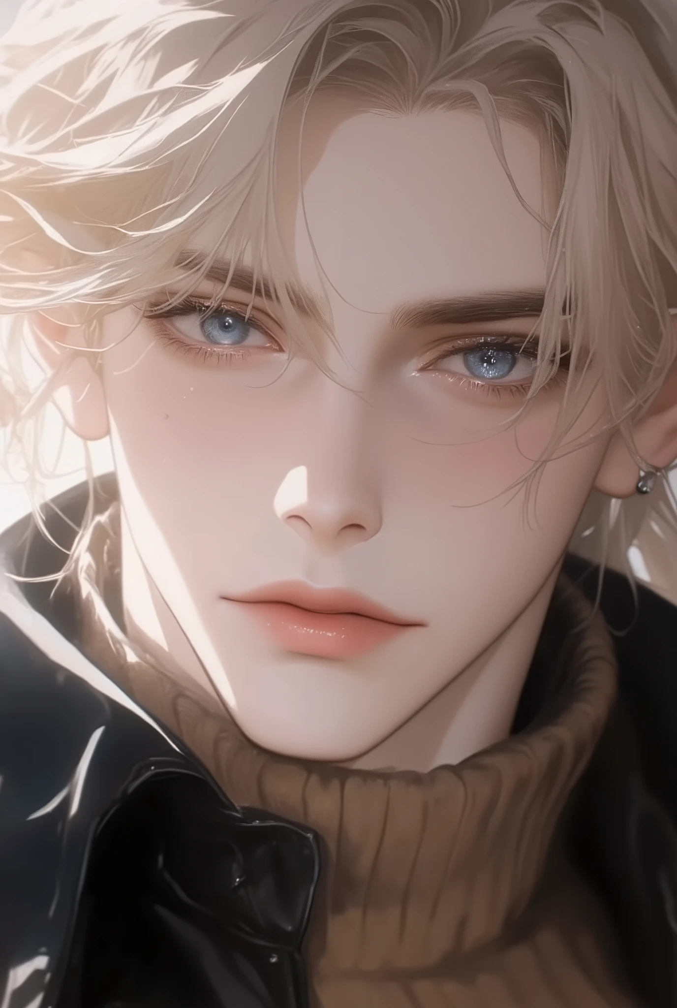 Boy, blonde hair, blue eyes, sharp features, white skin, pink lips, handsome, perfect, wearing a brown sweater, black formal jacket, elegant, accurate art, bright and clear colors, high quality resolution .