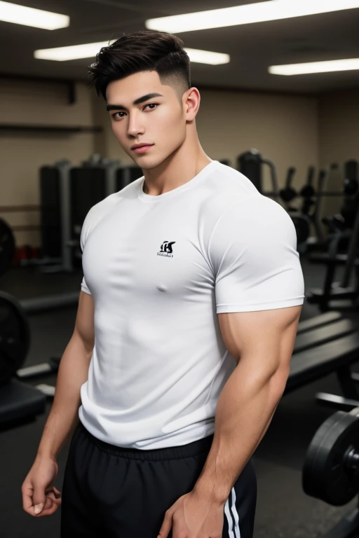 Masterpiece, best quality, high resolution, realistic, handsome, Take beautiful photos, Sayk, NRF, Photo of the 35 year old gym association (man:1.2) Portrait, standing in the gym , make military media, weight, Amazing , Buzzcut short hair,stubble head , (Hyper Muscle),looking at the audience, Flirt with the camera, charming, (Tight white exercise shirt ),(GS-Male:1), 8k uh