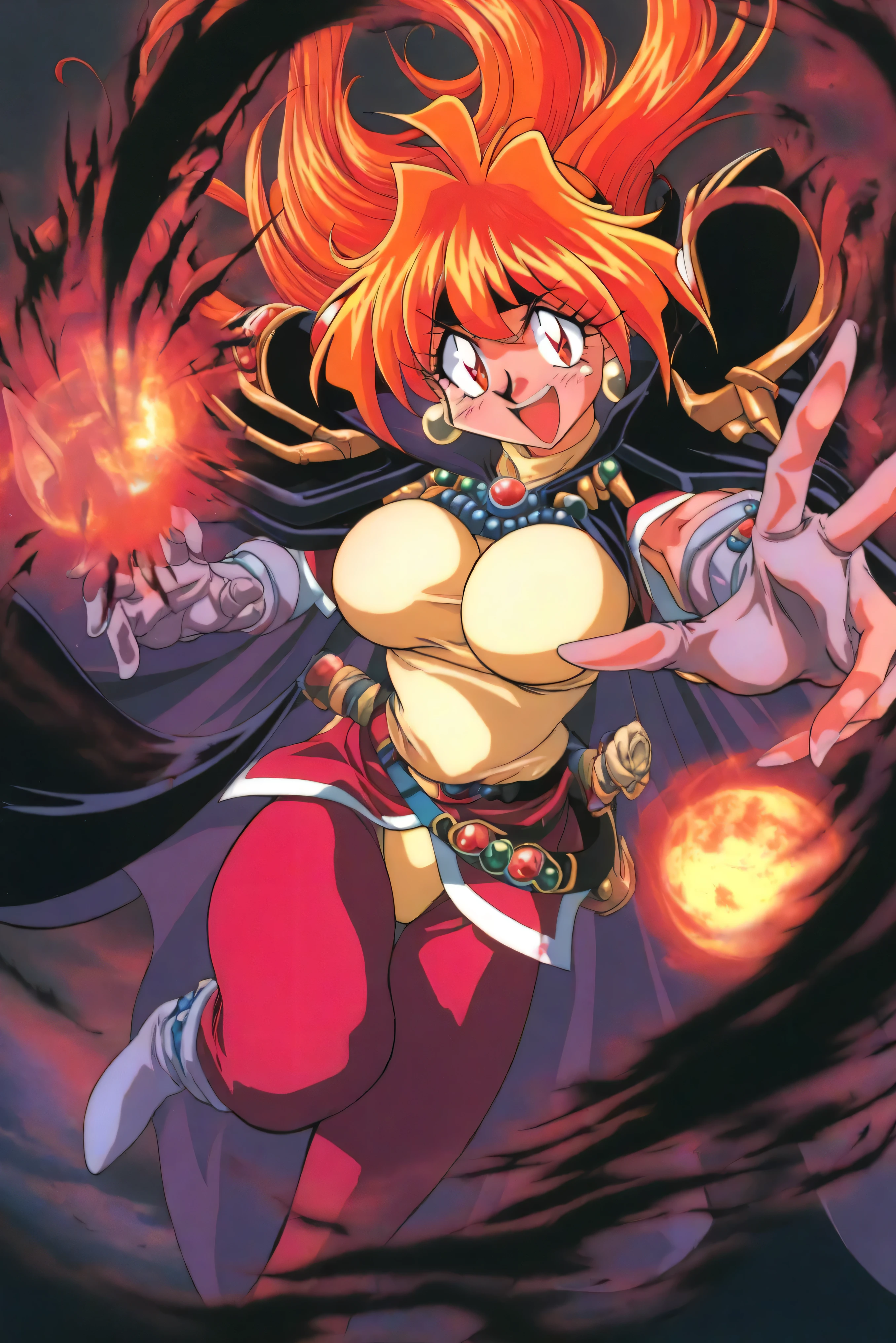 masterwork, masterpiece, high resolution, very aesthetic, absurd, 8k, 超high resolution, Spirited, Absolutely beautiful,  Highly Detailed Eyes , Perfect Eyes, dynamic light,  Dynamic angles,  Slayers style, 1girl, solo, long hair, open mouth,  under pants, white  under pants, orange hair, very , cape, Armor, headband, shoulder Armor, ショルダーArmor, magic, black headband, fireball, black smoke, cloud, 1990s (style), retro art style, Lina Inverse, Five fingers, Red Lightning, spell, depth of field holding fish, masterpiece, Highest Quality, great quality, masterwork, Cinematic Light, Strong Shadows, Light Seen in the Distance, perfect composition、Slightly Chubby、Thick Thighs、Five fingers、Huge Chest、huge 、超、超、超Spirited、offers dynamic angle、