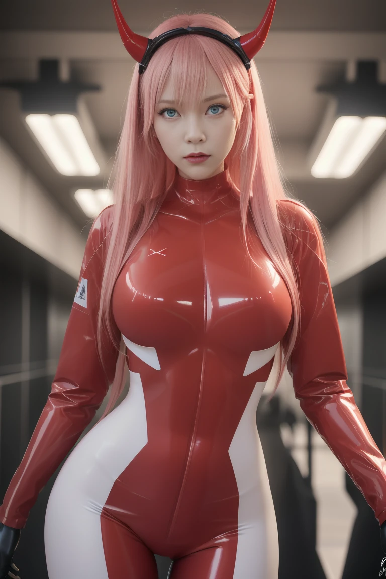 (masterpiece, best quality:1.4), (near a lake), (full body shot), (front shot), 1girl, solo, zerotwo, white hairband, horns,red horns, bodysuit, breasts, green eyes, horns, long hair, looking at viewer, medium breasts, pink hair, (red bodysuit:1.2), diabolic smile, highly detailed face, highly detailed skin, skin pores, subsurface scattering, realistic pupils, medium breast, full face blush, full lips, detailed background, depth of field, volumetric lighting, sharp focus, absurdres, realistic proportions, good anatomy, (realistic, hyperrealistic:1.4), 16k hdr,