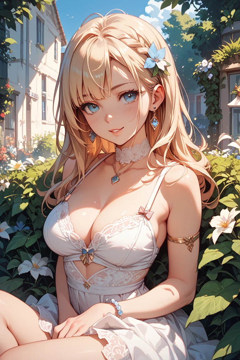(masterpiece, best quality, absurdres), high quality, highres, ultra detailed, intricate, wallpaper, close-up, looking at viewer, beautiful woman, 1girl, parted lips, kei Karuizawa, small breasts, blonde hair, bangs, ponytail , detailed violet eyes, ((Super Realistic Detailed Eyes, glowing eyes)), beautiful face,smiling,close up to hips, beautiful breast, in the middle of flowers field, wearing beautiful wedding dress, (open mouth:0.4), illustration, detailed textures(realists), ultra-detailed, portrait style, vivid colors, soft lighting, blushing, mature, hair fluttering, evening light, cleavage