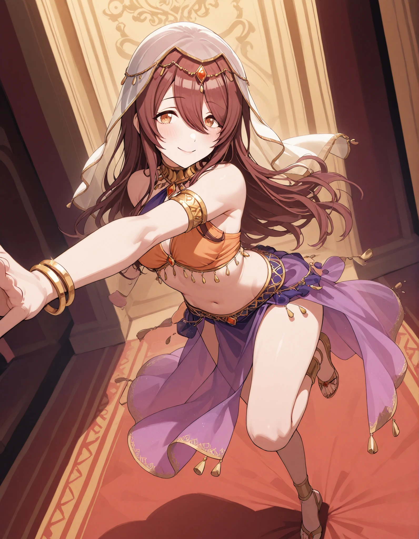 (1girl:1 . 5) , (Seul:1 . 5) , score_9 , score_8_haut , score_7_haut , source_anime , Official work , ultra-detailed , masterpiece , best quality selfie snapshot , high resolution , beaux yeux , detailed eyes , detailed face , beautiful detailed eyes ,The Idolm@ster Shiny Colors,Osaki Tenka,Arabian Clothes , Arabian Dancer ,belly dancer costume ,full body, golden jewelery,armlet, belly dancing,arabian theater, seductive smile, dancing with veil, dynamic movement,dance posture, seductive pose