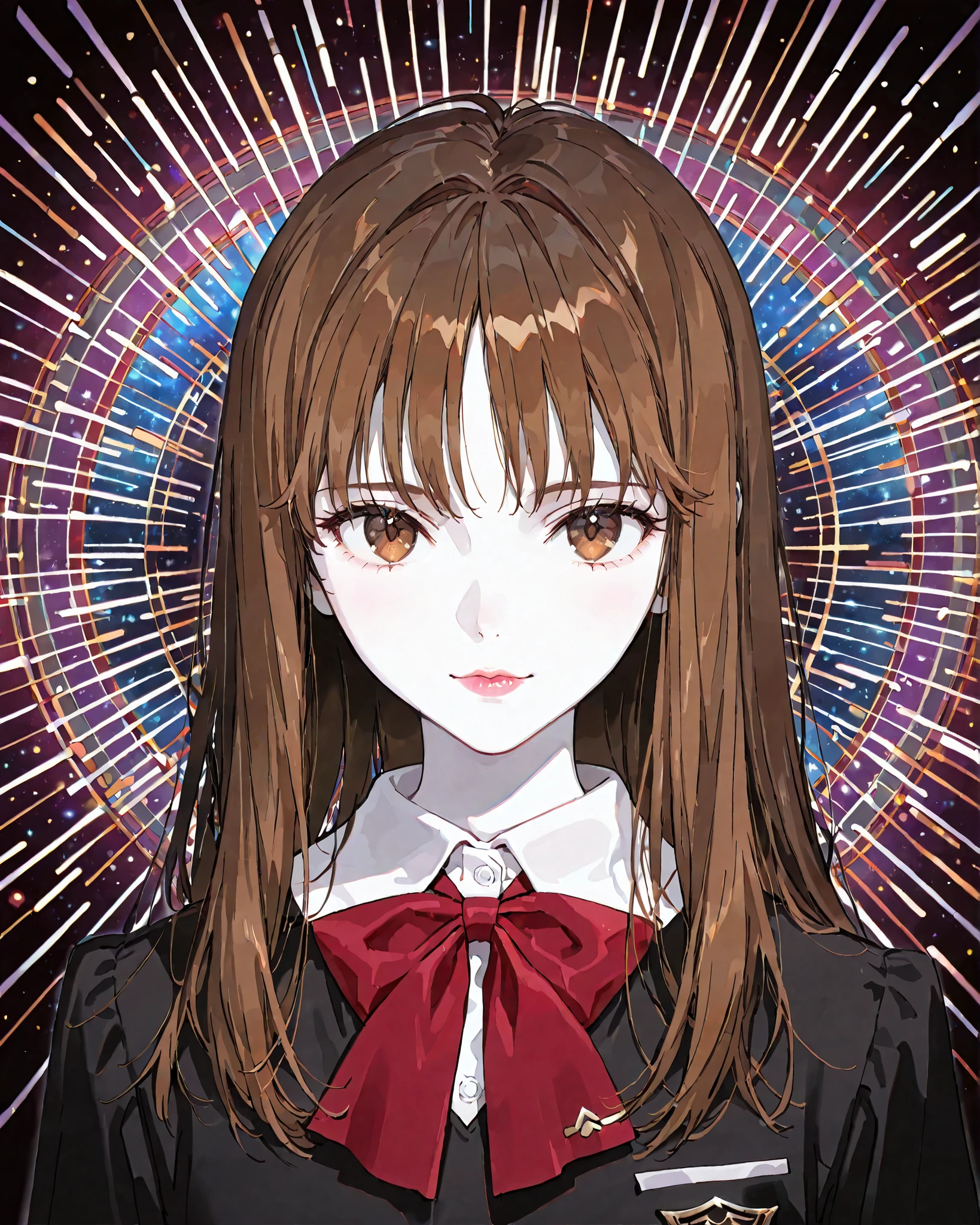 A girl with long, straight brown hair, brown eyes, sharp features, white skin, lip gloss, beautiful, perfect, wearing an elegant formal school uniform, detailed art, bright colors, high quality resolution .
