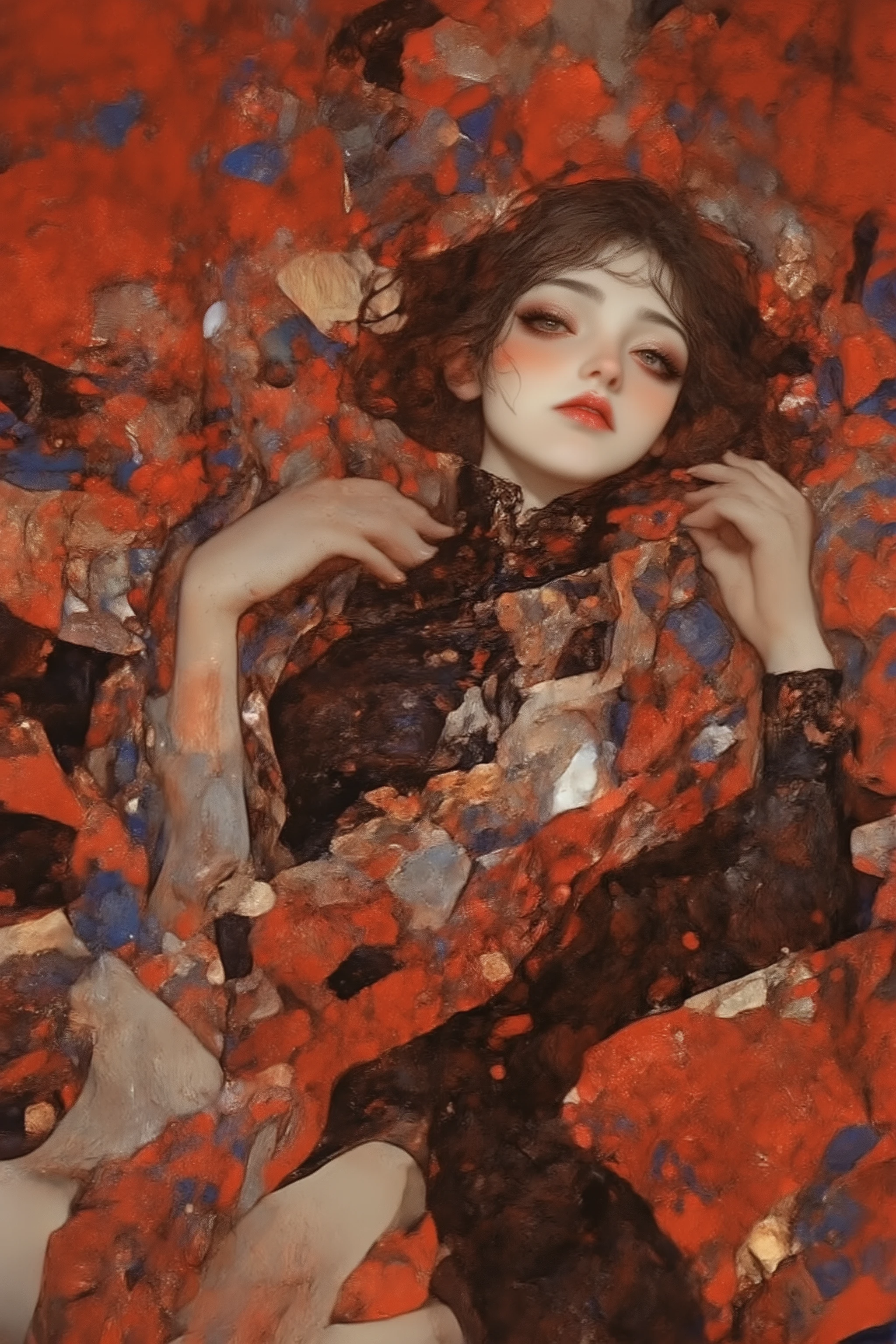 egonschiele style, in the style of dmai, Gothic_girl, companion style, painterly, (high quality , masterpieces , realistic and detailed image ((masterpiece:2 . 0)) modern masterpiece, simple, geometric design, modernism, porcelain female high fashion supermodel laying down, A revolution in geometric art, a composition that embodies minimalist lines and pure color, innovative background of elegant abstract trees, heavy graphic design composition, Functionalism, elements, emphasizing negative space with a balance of simplicity and complexity, creating a serene mood and modern atmosphere, highlighting the beauty of form and line without distraction, red theme, laying down, heavy eye makeup, perfect hands, comfort, alone, melancholy,