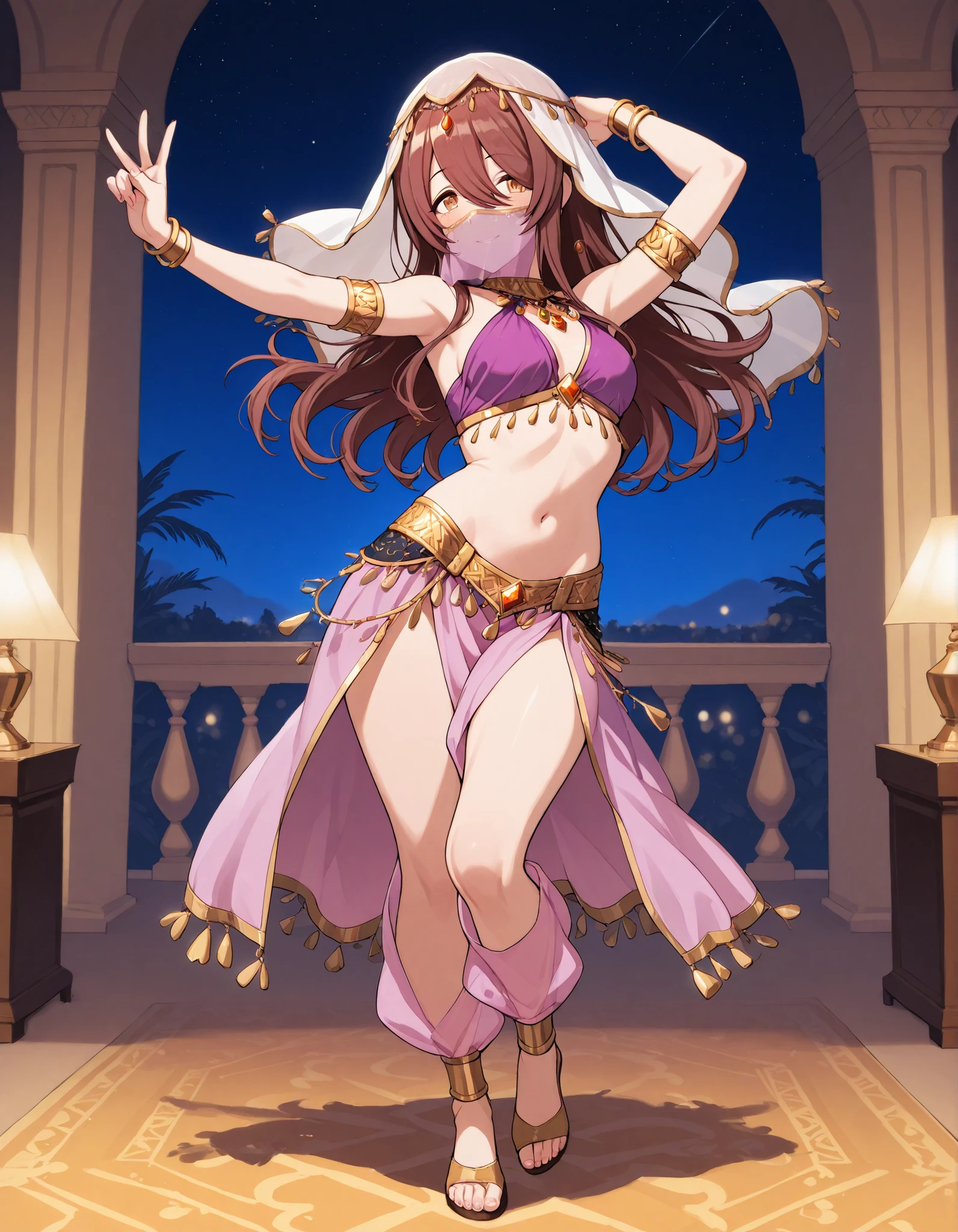 (1girl:1 . 5) , (Seul:1 . 5) , score_9 , score_8_haut , score_7_haut , source_anime , Official work , ultra-detailed , masterpiece , best quality selfie snapshot , high resolution , beaux yeux , detailed eyes , detailed face , beautiful detailed eyes ,The Idolm@ster Shiny Colors,Osaki Tenka,Arabian Clothes , Arabian Dancer ,belly dancer costume ,full body,mouth veil, golden jewelery,armlet, belly dancing,night,arabian garden, seductive smile, dancing with veil, dynamic movement,dance posture, seductive pose