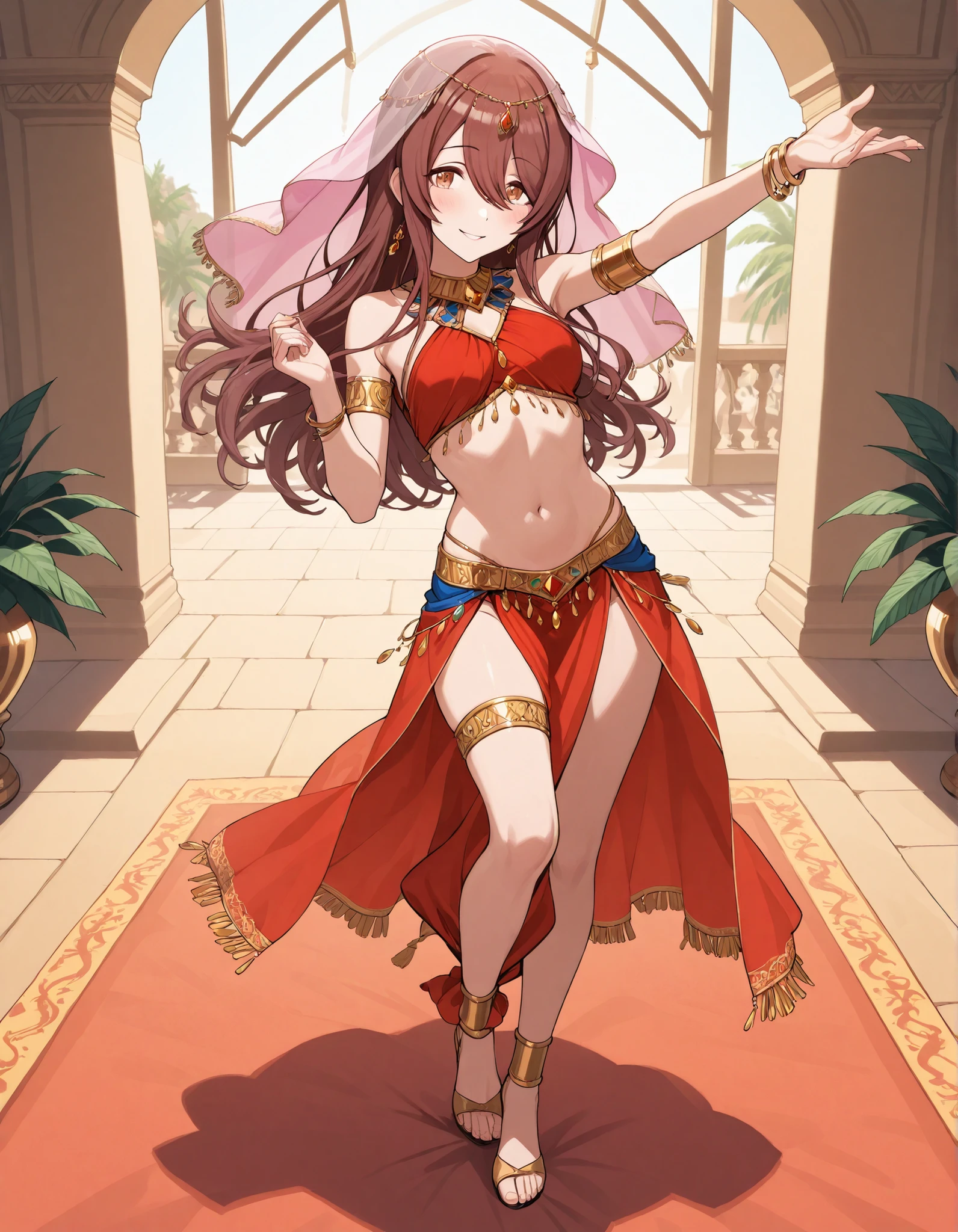 (1girl:1 . 5) , (Seul:1 . 5) , score_9 , score_8_haut , score_7_haut , source_anime , Official work , ultra-detailed , masterpiece , best quality selfie snapshot , high resolution , beaux yeux , detailed eyes , detailed face , beautiful detailed eyes ,The Idolm@ster Shiny Colors,Osaki Tenka,Arabian Clothes , Arabian Dancer ,belly dancer costume ,full body, golden jewelery,armlet, belly dancing,arabian garden, seductive smile, dancing with veil, dynamic movement,dance posture, seductive pose