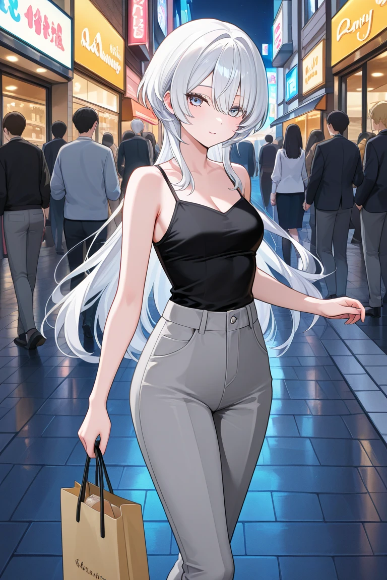 Anime girl with long white hair and black top posing on a ledge - SeaArt AI