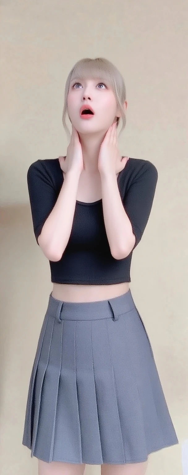 Open shirt, (((Leaning forward))), ((,Round face, Around 17 years old,mini skirt、loose tank top)),  Long Hair, , Natural Makeup, Lips become thicker, Sexy Gaze, barefoot, ((Raise one leg)),  Shooting from below,Gentle expression ,((Extremely precise and accurate anatomy)),  (masterpiece:1.43), Perfect proportions, Realistic photos, Full Shot, whole body, (height: 165cm), 