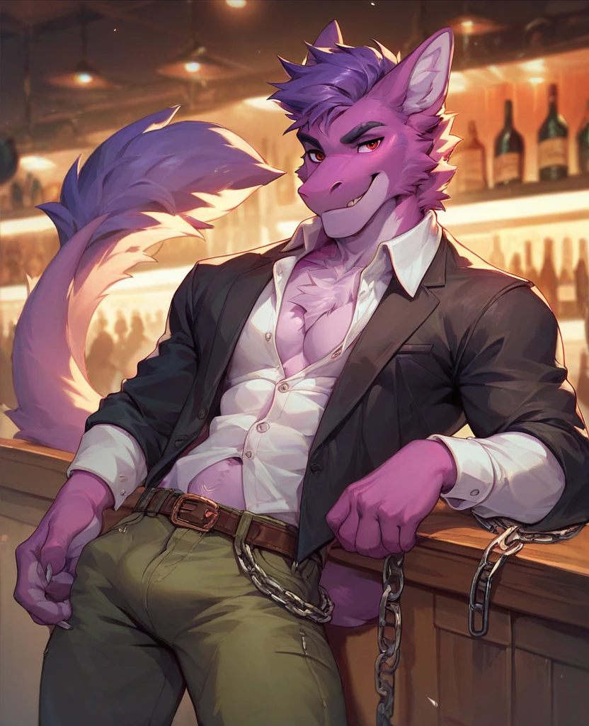 axel cosmas, solo, mirando al espectador, camisa, 1 chico, arco, enfoque masculino, collared camisa, belt, pantalones, arcotie, chaleco, mano en la cadera, black arco, black pantalones, fondo , pink camisa, mirar, purple arco, black chaleco, black arcotie, purple camisa, wristmirar, purple arcotie, pink chaleco, Ojos cerrados, bar, Club nocturno,