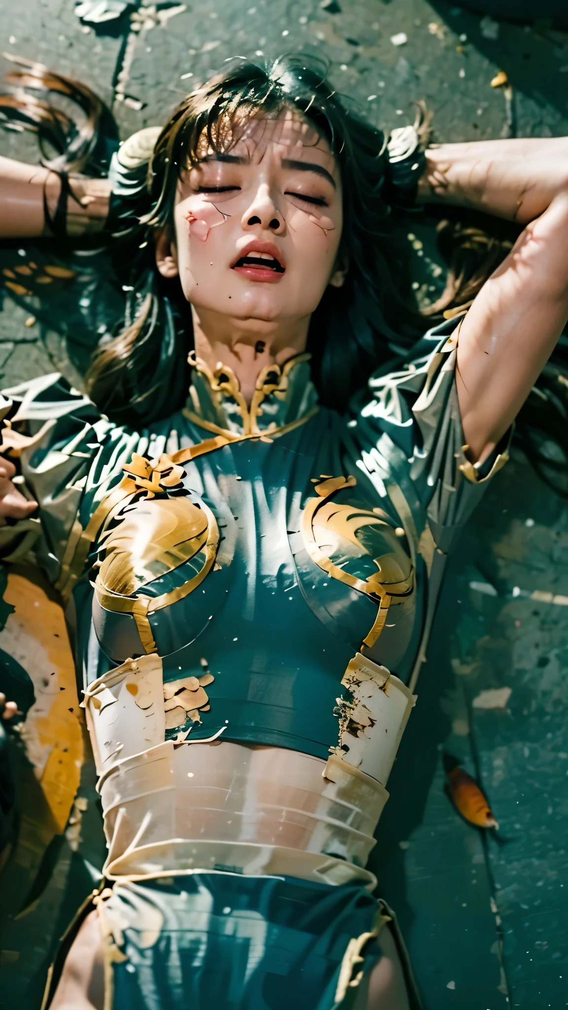 is lying on its back on the ground, KO, ryona, damaged, hyper real, photo real, Realistic, high image quality, masterpiece, closed eyes, expression of agony, Defeated, tragic tone, Chun Li, long hair, Realistic Skin,raw,p4dm, ,,in,Rim lighting,depth of field holding fish,dramatic shadows, 1 girl