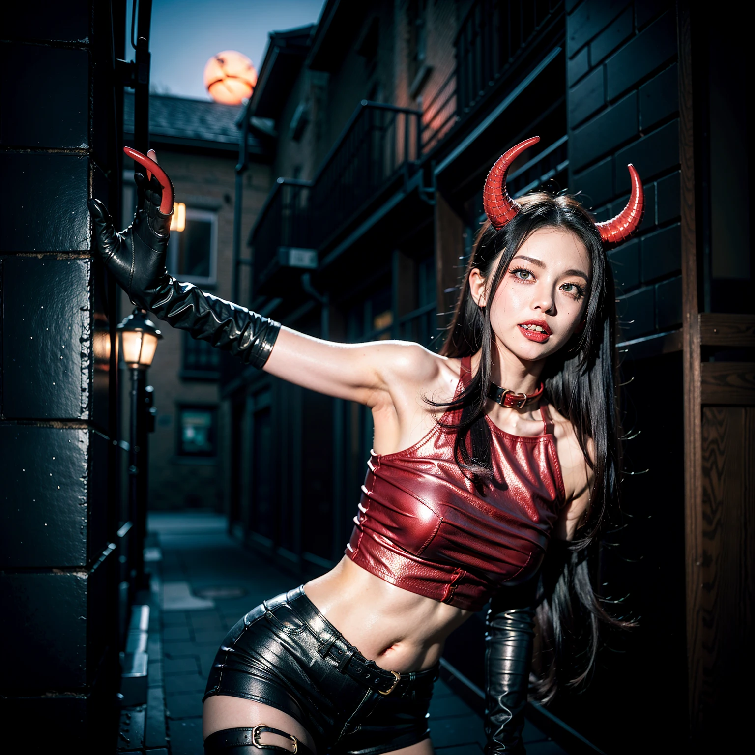 ((Best Quality)), ((Masterpiece)), (detailed), 1 girl, with long black hair , Snow white skin,slanted red eyes,leotard clothing, with a rhombus on the exposed dark red abdomen,some small horns like those from zero two and gloves without fingers except the middle finger that is dark red and that is not so exposed from below