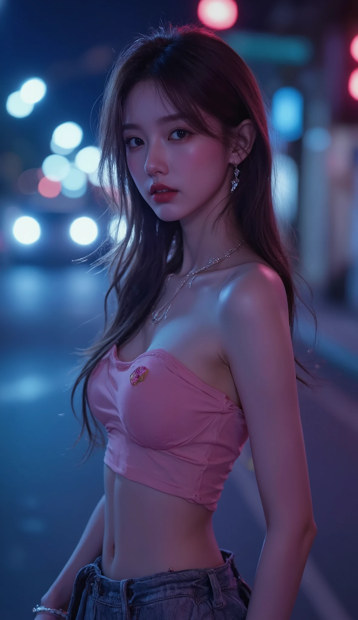 Photorealistic image high-quality of a Korean slender model, glowing in a neon theme, with natural ambient lighting, soft shadows, and a shallow depth of field. Captured in a vertical 9:16 framing, with a calm, cinematic atmosphere and subtle Japanese-inspired color tones. The model is letting the rhythm take control, as if in a neo-soul dance. ((RAW Photo), absurd, (absurdresolution)), masterpiece, best quality, (((Fashion Photographic))) A hyper-realistic and perfectly suited for a high-end fashion editorial, (((Fashion Photographic))) A hyper-realistic and perfectly suited for a high-end fashion editorial. )))