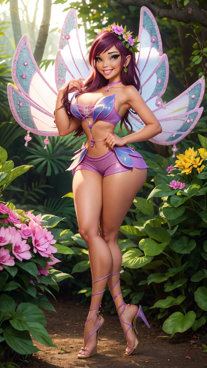 (ultra realistic,32k, masterpiece:1.2),(high detailed skin:1.1),( high quality:1.1),
<lora:WinxClubEnchantixLaylaAisha:0.8>Aisha/Layla,mascara, long lashes:1.1),fairy wings, midriff, blue eyes, brown hair, sparkling outfit, dark-skinned female, very long hair,thighhighs, twilight enclave, merging realms, twilight essence, meeting place of twilight beings, blurry background,,(looking at viewer, sitting, crossed legs:1.1),, (huge breast,large breast:1.2),<lora:add_detail:0.9>,
(volumetric lighting:1.1),