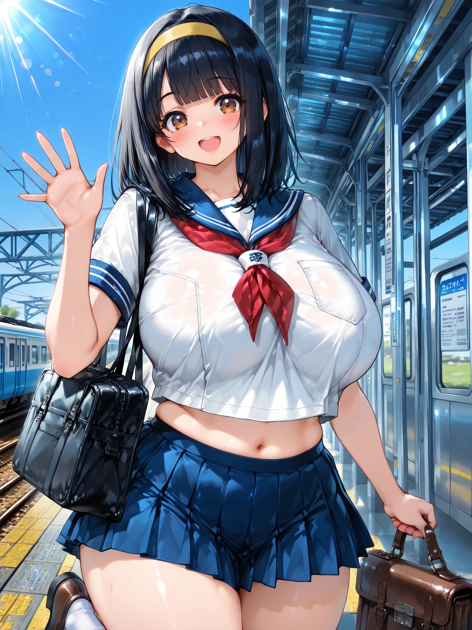 ((masterpiece:1.4, best quality)), ((masterpiece, best quality)),1girl,bishoujo,age girl,,medium hair,straight hair,black hair,blunt bangs, swept bangs,long sideburns,brown eyes,tareme,beautiful eyes,(long eyelashes),Curvy,Plump,bbw,huge breasts,huge hip,thick thighs,school uniform, sailor suit, traditional Japanese style with navy blue and white colors, detailed red ribbon and blue pleated skirt,short sleeves,white ankle socks,brown loafer,yellow hairband,holding Boston bag,train station platform,cowboy shot,frontal face,sunbeam,looking at viewer,sunlight,clear sky,open mouth,happy smile,standing,with left hand raised and waving,She is holding a bag in her right hand,showing navel