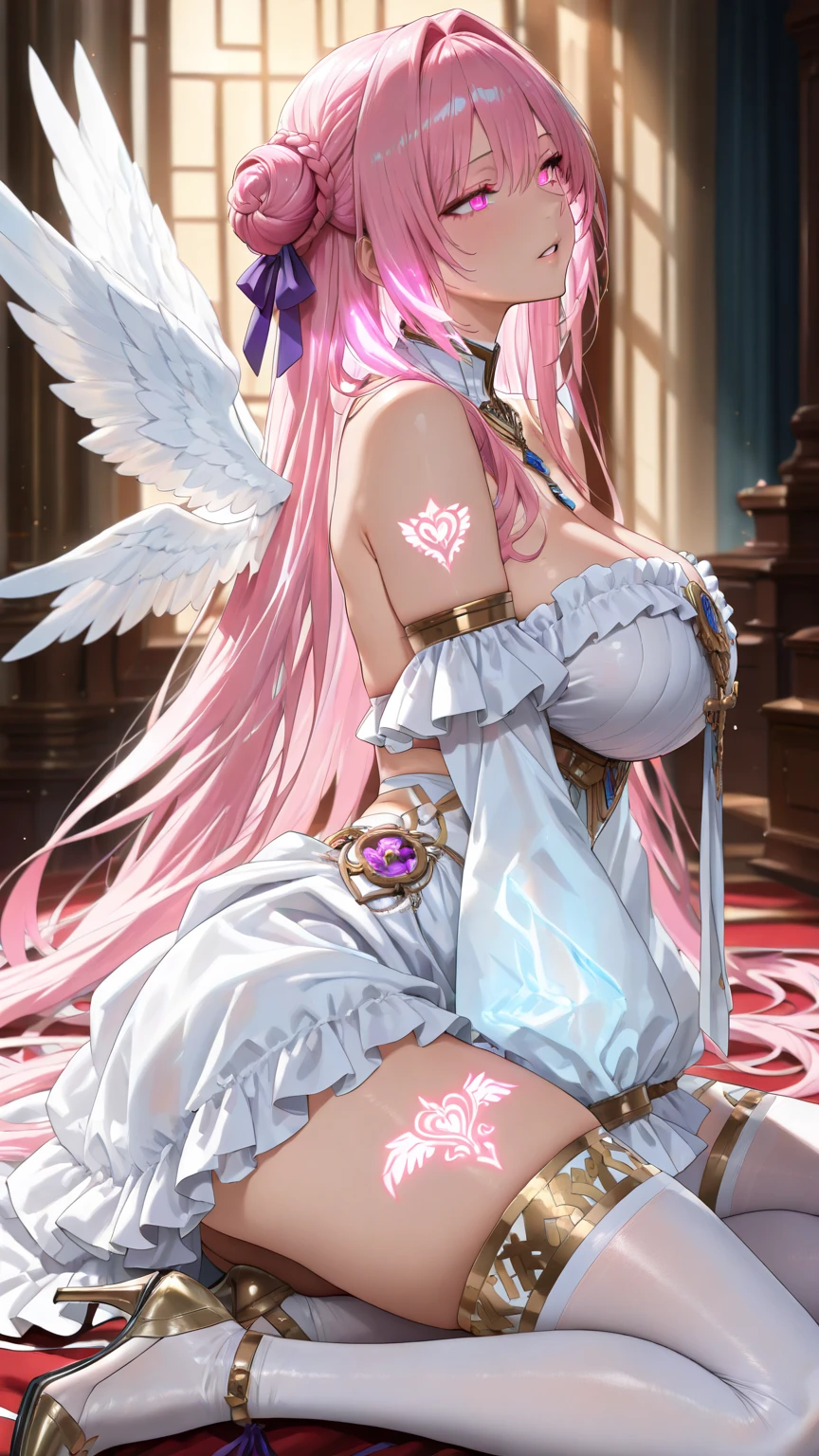 1 girl, game CG, 1 girl, game CG, see-through white dress, cleavage visible, shoulders visible, long white skirt, angel halo, angel wings, bangles, gigantic breasts, pink hair, long hair, straight hair , ahoge, pink eyes,