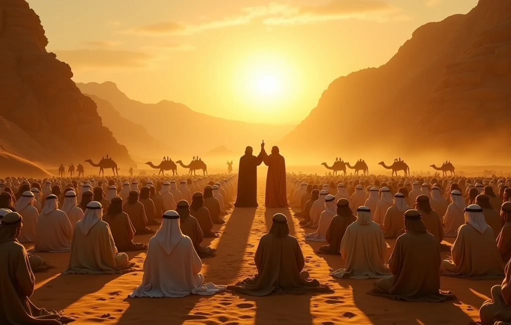 cinematic historical painting of the event of Ghadir Khumm in the Arabian desert. A large gathering of early Muslims in white and beige robes, seated on the golden sand dunes, listening with devotion. In the center, two noble figures in flowing robes stand side by side on an elevated spot, one of them raising the other’s hand before the people. The glowing sunset behind them fills the desert valley with golden light, casting long dramatic shadows. Camels and travelers are seen in the distance between rocky mountains. The style is epic, sacred, reverent, warm golden-orange tones, detailed, painterly, timeless, evoking Islamic history.”