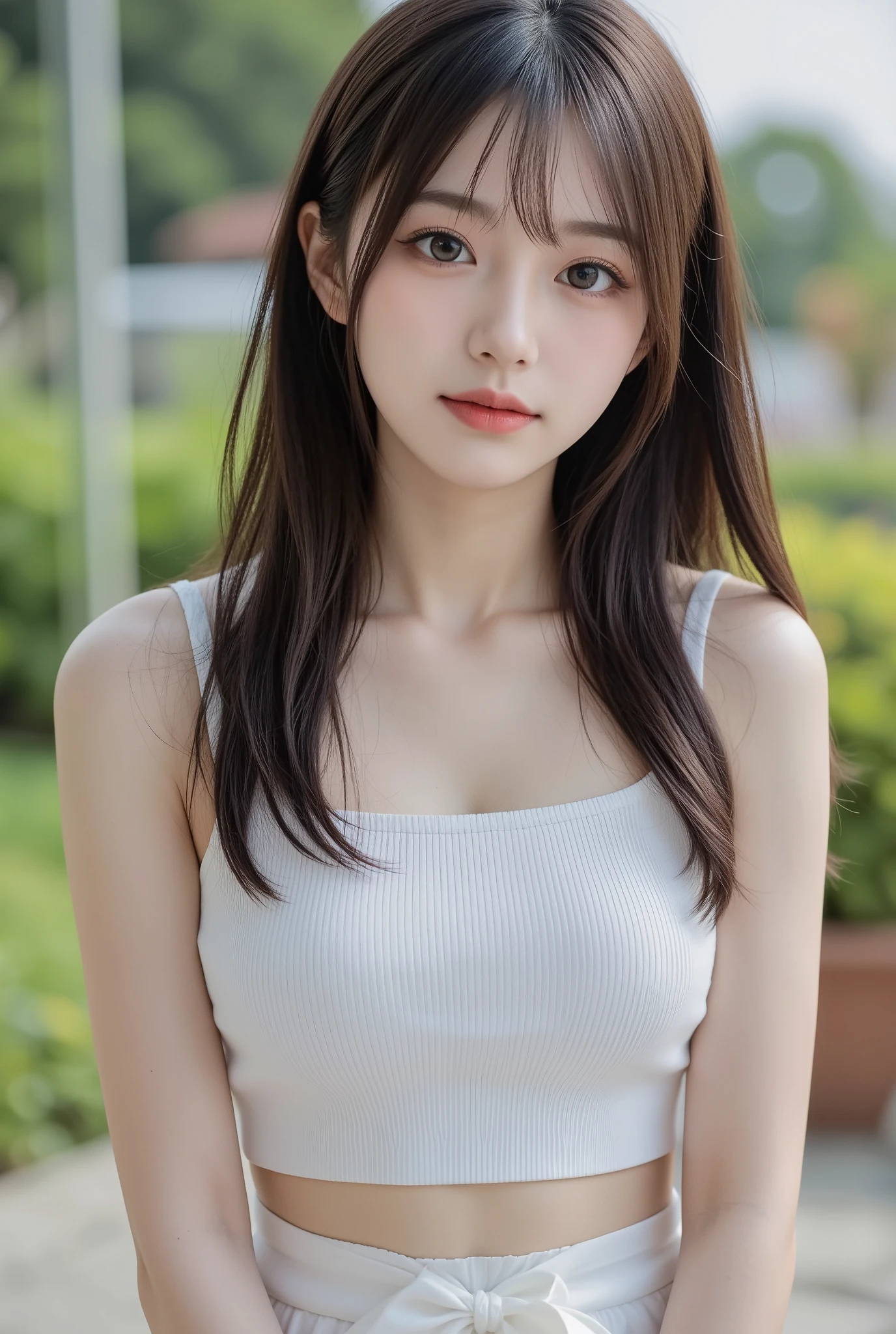 （lifelike， high - resolution：1.3）， 1 girl with a perfect body， Super fine face and eyes，slong hair， Tank top of random colors：1.2， short jeans， big boob，Expose cleavage, , very beautiful thigh