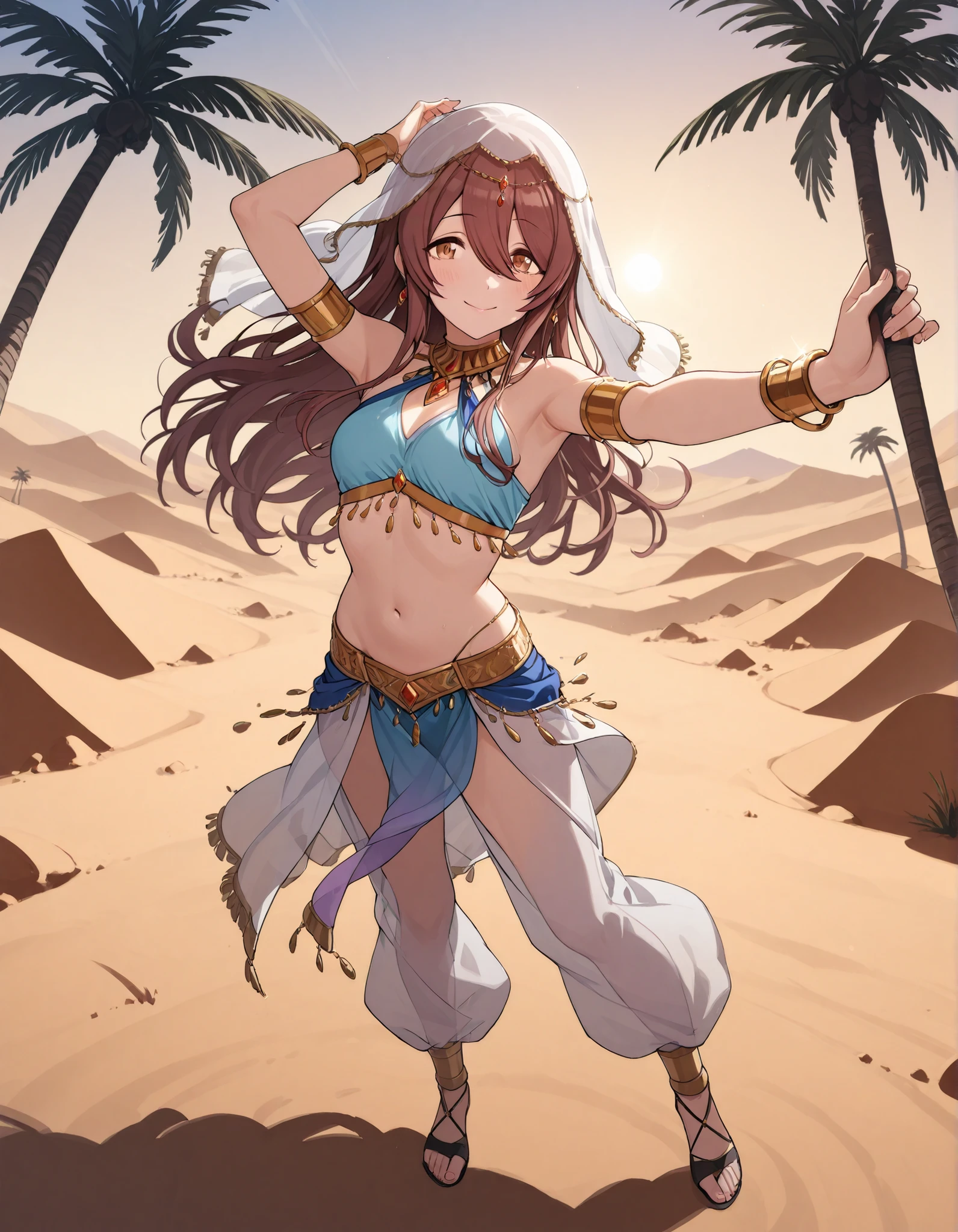 (1girl:1 . 5) , (Seul:1 . 5) , score_9 , score_8_haut , score_7_haut , source_anime , Official work , ultra-detailed , masterpiece , best quality selfie snapshot , high resolution , beaux yeux , detailed eyes , detailed face , beautiful detailed eyes ,The Idolm@ster Shiny Colors,Osaki Tenka,Arabian Clothes , Arabian Dancer ,belly dancer costume ,full body, golden jewelery,armlet, belly dancing,desert lands, palm tree, seductive smile, dancing with veil, dynamic movement,dance posture, seductive pose