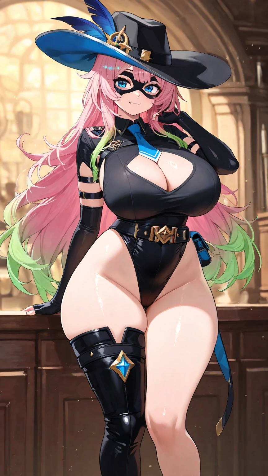 MeiS2, Pink hair, Goggles on head, Symbol-shaped pupils, Yellow eyes, medium hair, gigantic breasts, cleavage, leotard, 1girl, correct anatomy, BREAK, ((masterpiece, highest quality, best quality, official art, beautiful and aesthetic: 1.2, extremely detailed, fractal art: 1.3, colorful, highest detailed, HDR, vivid visual effects)), BREAK, ((Detailed eyes, Detailed face, Detailed eyes, perfect face)), BREAK, seductive look, grinning,