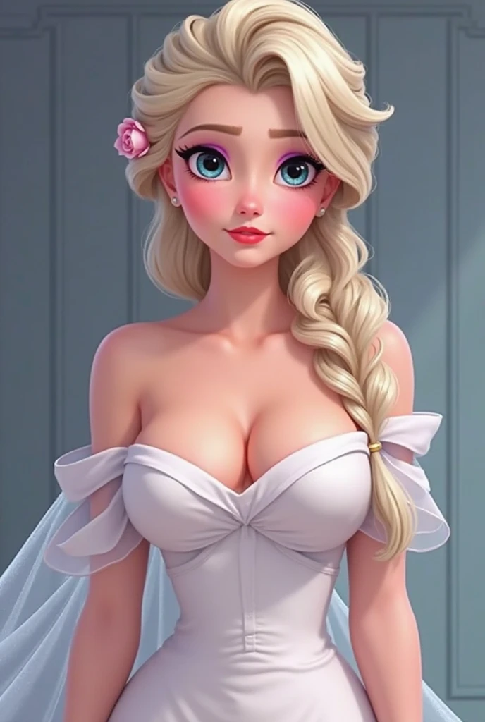 Elsa,chubby face,invent,face detail,blush,purple eye shadow, rose in hair,arise from,simple background, looking to the side,half shirt, White dress, No blouse, without bra, visible peak on chest, (big tits) (big breasts) (Fully exposed chest) ( naked and visible nipple) (big tits) (big breasts) (Fully exposed chest) ( naked and visible nipple) big tits) (big breasts) (Fully exposed chest) ( naked and visible nipple