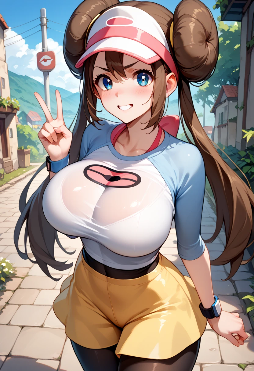 ((masterpiece,best quality)), absurdres,  ro1, hair bun, blue eyes, twintails, visor cap, pantyhose, raglan sleeves, yellow shorts, shirt, pink bow, wristwatch,
 solo, smiling, looking at viewer, cowboy shot, cinematic composition, dynamic pose, modern city, city street, shirtlift, huge breasts,