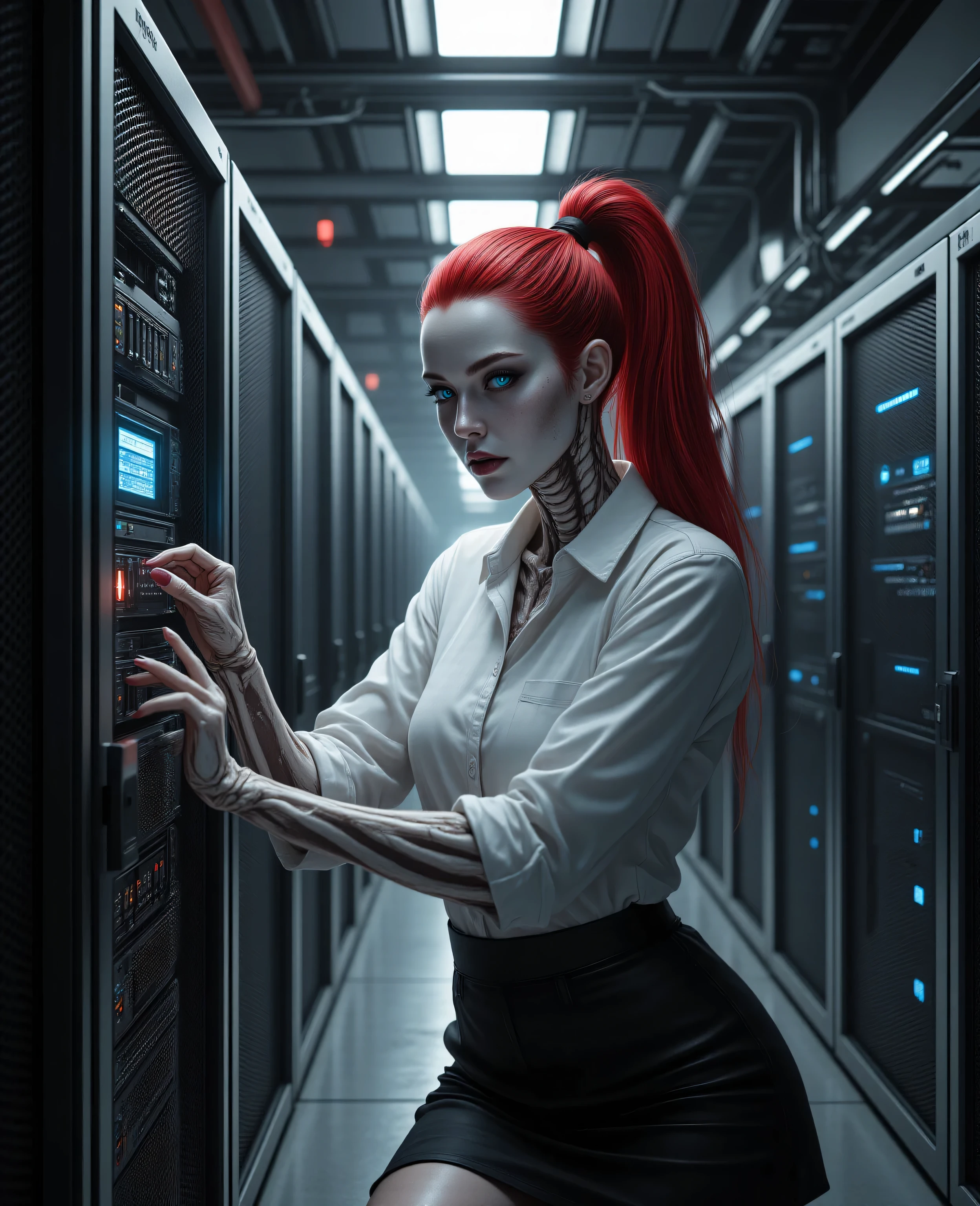hyp3rd3tail style ,a picture of a skeletal woman fixing computer server, red hair, hair in a ponytail, long hair, blue eyes, white button shirt, black skirt, in a modern server room , high details, best quality, 16k, ultra detailed, masterpiece, best quality, extremely detailed, close up, ultra wide shot, photorealistic, RAW, realistic art, best quality, masterpiece, detailed, RAW,