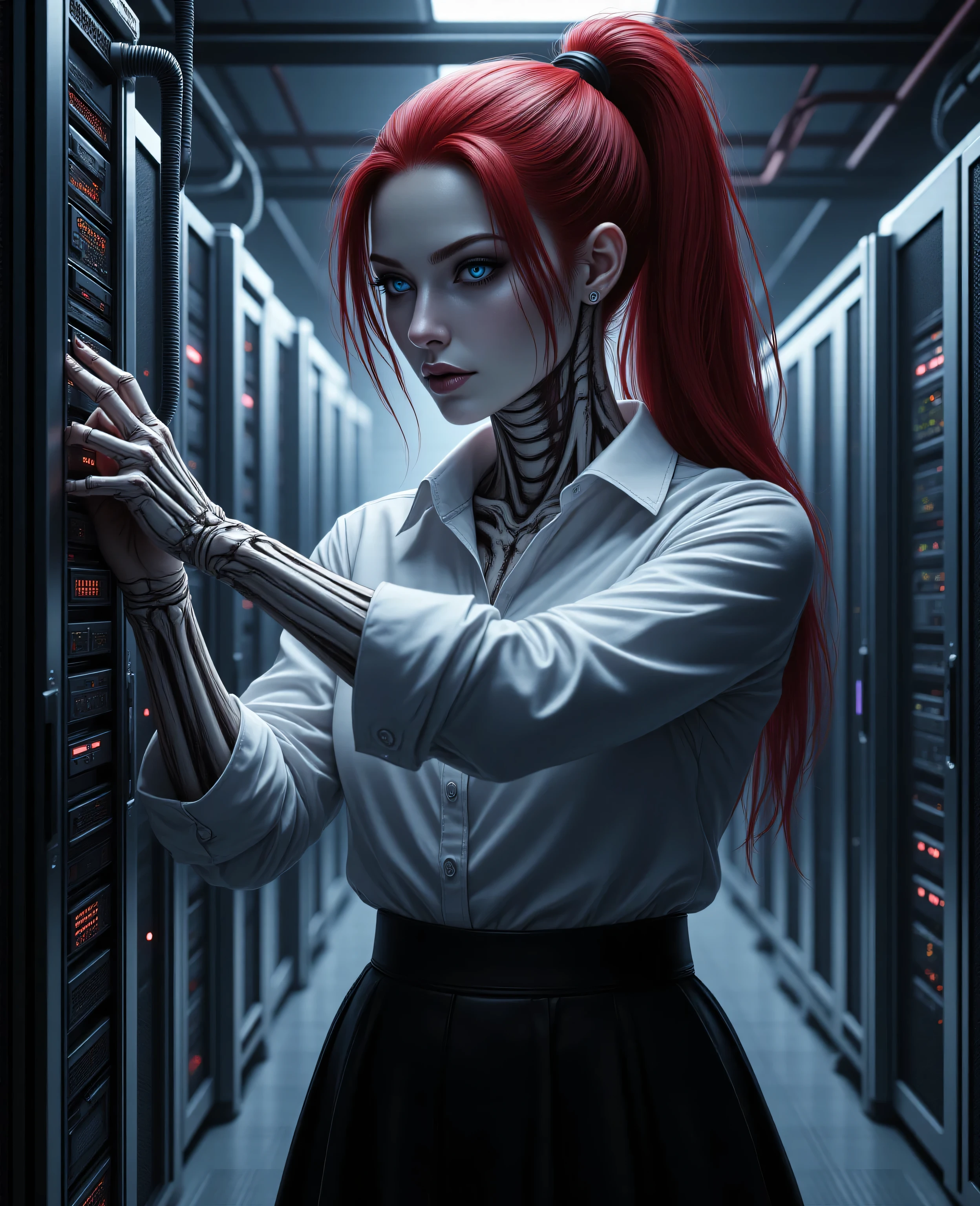 hyp3rd3tail style ,a picture of a skeletal woman fixing computer server,  red hair, hair in a ponytail, long hair, blue eyes, white button shirt, black skirt, in a modern server room , high details, best quality, 16k, ultra detailed, masterpiece, best quality, extremely detailed, close up, ultra wide shot, photorealistic, RAW, realistic art, best quality, masterpiece, detailed, RAW,
