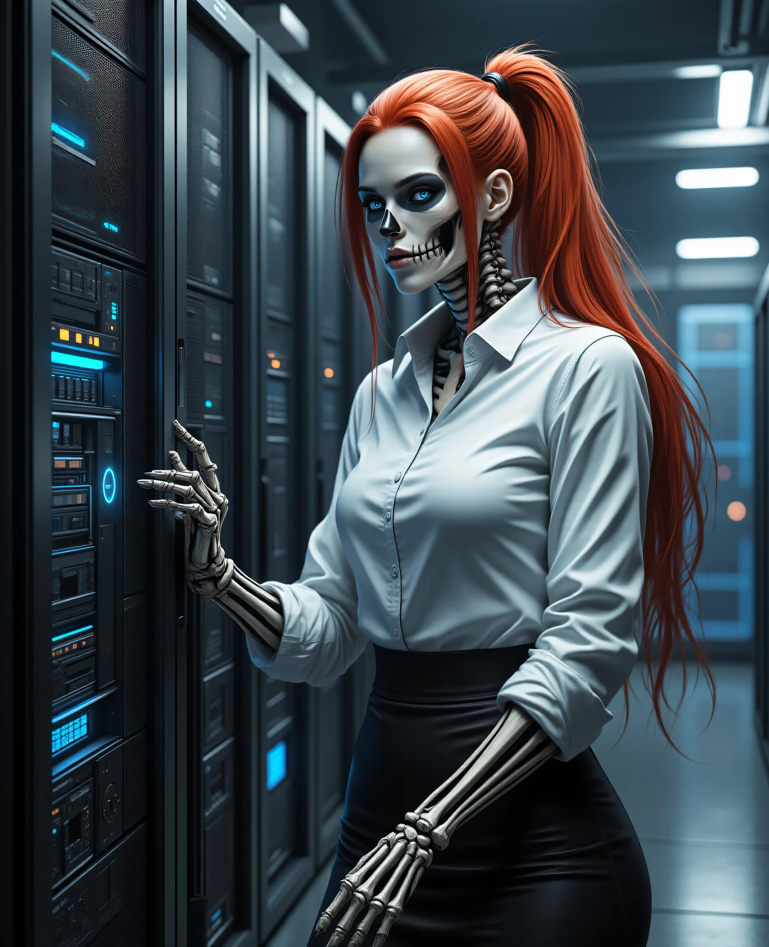 hyp3rd3tail style ,a picture of a female skeleton fixing computer server,  red hair, hair in a ponytail, long hair, blue eyes, white button shirt, black skirt, in a modern server room , high details, best quality, 16k, ultra detailed, masterpiece, best quality, extremely detailed, close up, ultra wide shot, photorealistic, RAW, realistic art, best quality, masterpiece, detailed, RAW,