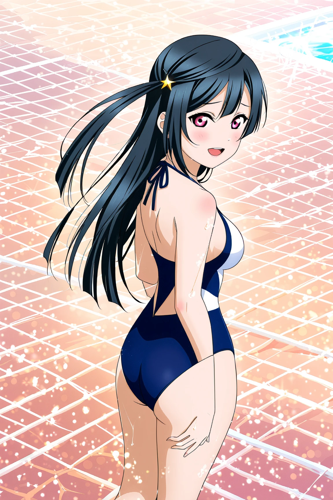 1girl, solo,(best quality),(masterpiece:1.1),blue (school uniform:1.4),dress, looking_at_viewer, neck_ribbon, smile, black eyes , studio background, cute, clear facial skinbare shoulders, water,cinematic angle,thigh gap,see-through,professional lighting,thighhighs,