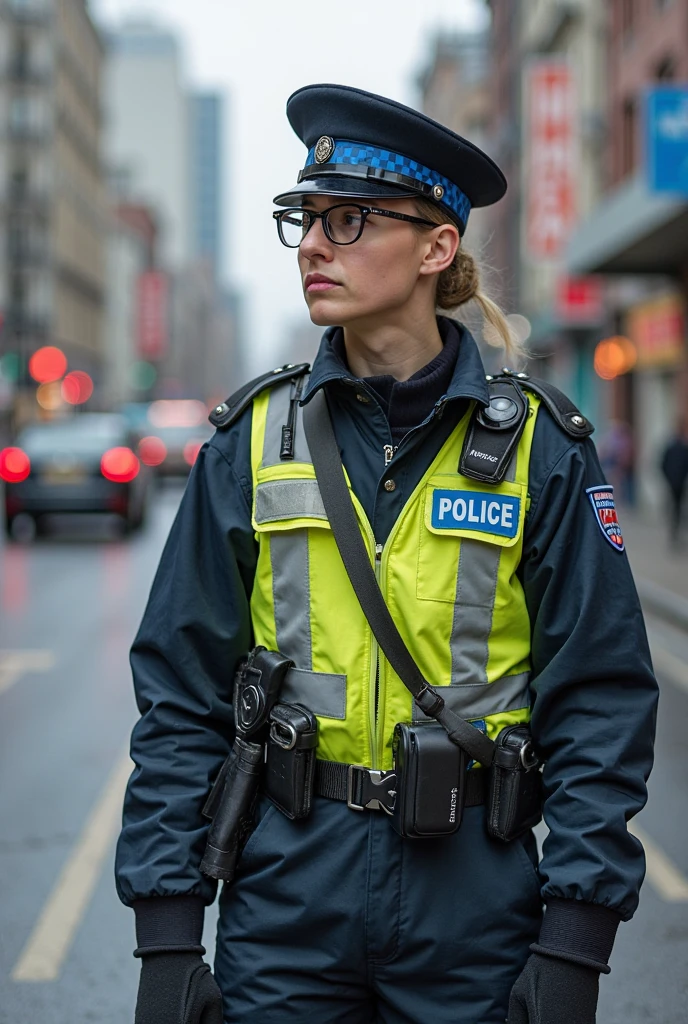 RAW photo of a london police woman standing on a crowded street <lora:British_Police_Uniform:1>