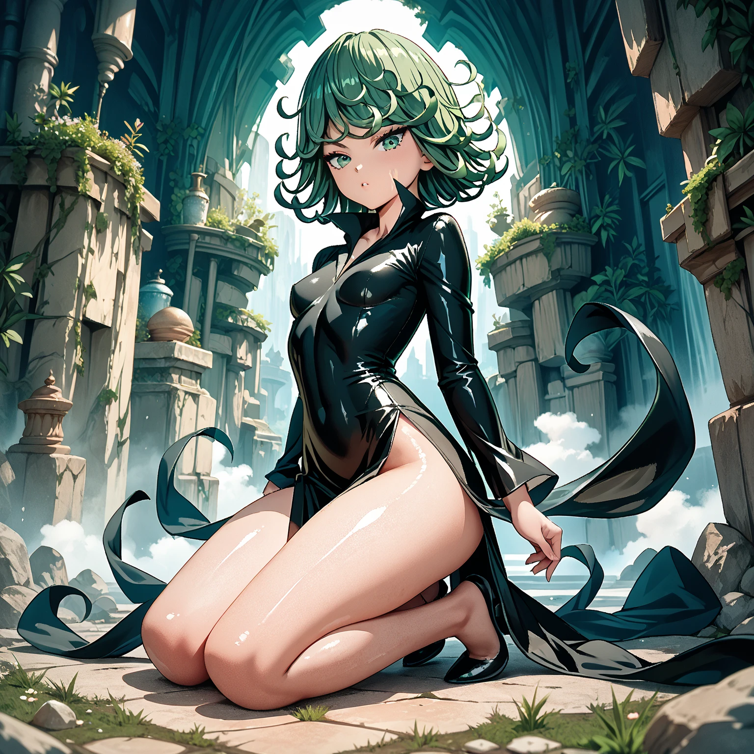 (high res, 8K, masterpiece, looking at viewer, best quality, very aesthetic, ultra detailed, ultra background, ultra Eyes) intricate details, 1girl, Tatsumaki, wearing a fitted V-neck black dress with a high collar, long trumpet sleeves, four high-cut leg slits with pointed toes that showed off her beautiful long legs, black low heels, green short hair, green eyes, Angry Face, Floating in the air, stone rocks float, Background City, Cinematic Angle