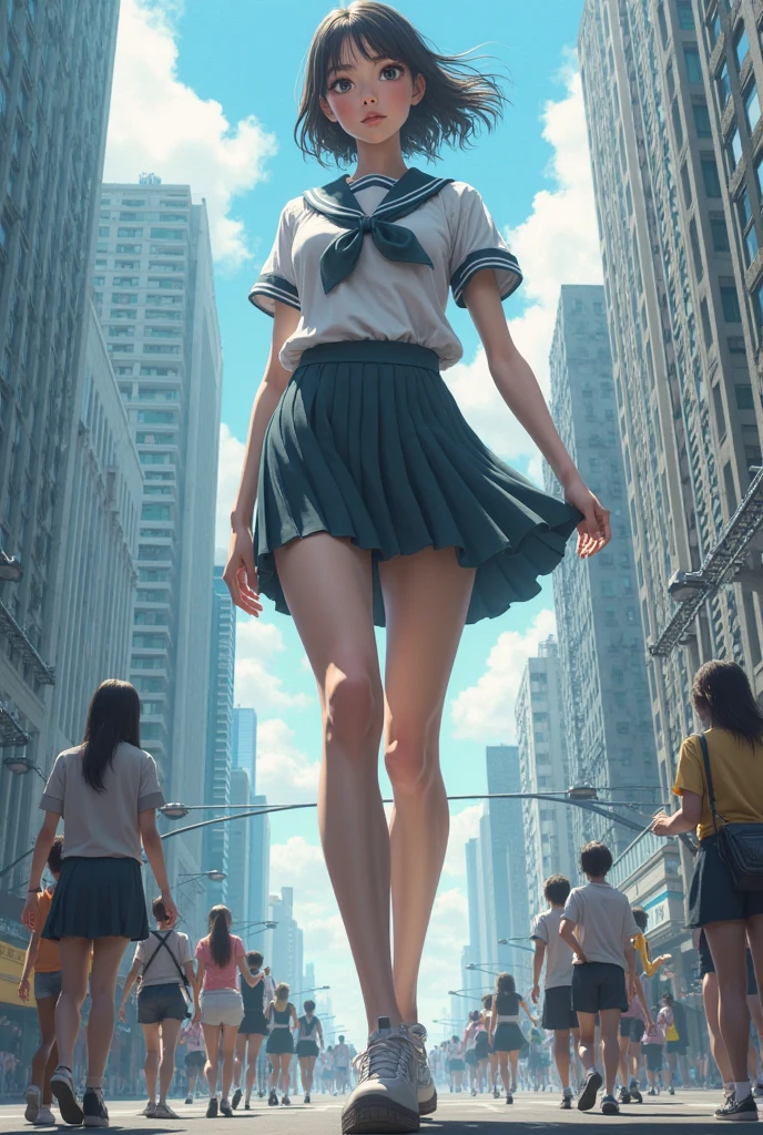 (Giant girl Art), (Super Best masterpiece giant girl Raw Photography Art), (16K, Highest quality, Ultra-high resolution, RAW Photos), (Although it is the real world, It&#39;s so unrealistic.), (Very detailed depictionの, Giantess, 50,000ft, Ultra-realistic), (Japanese Girls, So beautiful and detailed, スタイル完璧なGiantess, Accurate giant structure, Accurate giant movements, Highly detailed giantess body, Super big breasts), Short sleeve shirt, Short skirt, I can see your pants, Very cute face, (Very detailed depiction, Clear and accurate perspective depiction, Ultra-wide field of view, Focus on the average value of the image), The view looking up from among the skyscrapers, 想像を絶する大きさのGiantessが近くまで迫っている, Crawling on my body, Big tits dig into the ground, The giant woman&#39;s face was right beside me., Destroying every building on the ground, smiling at us