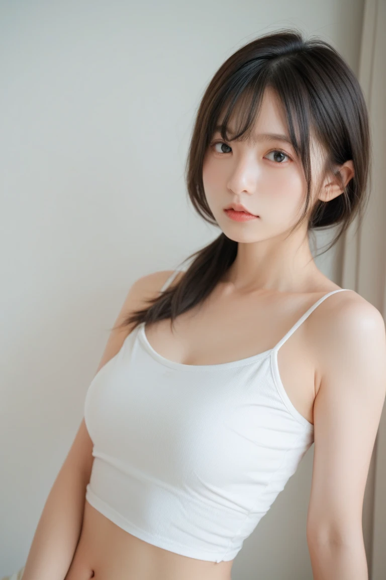 masterpiece、highest quality、16K、soft light、professional lighting、Pale shading、Weak contrast、Japanese、beautiful girl、daytime office、Window seat、sitting in front of the computer、White loose see-through blouse、Bra shows through、navy pleated skirt、smooth and beautiful thighs、(big breasts:1.3)、Faint cleavage、fine and beautiful eyes、cute hanging eyes、faint smile、(flower hair ornament,Braided top knot,Twisted side part ponytail braided headband,half up、Braided Space Van,voluminous fishtail braid,Twisted pan),(The bangs are see-through bangs)、
