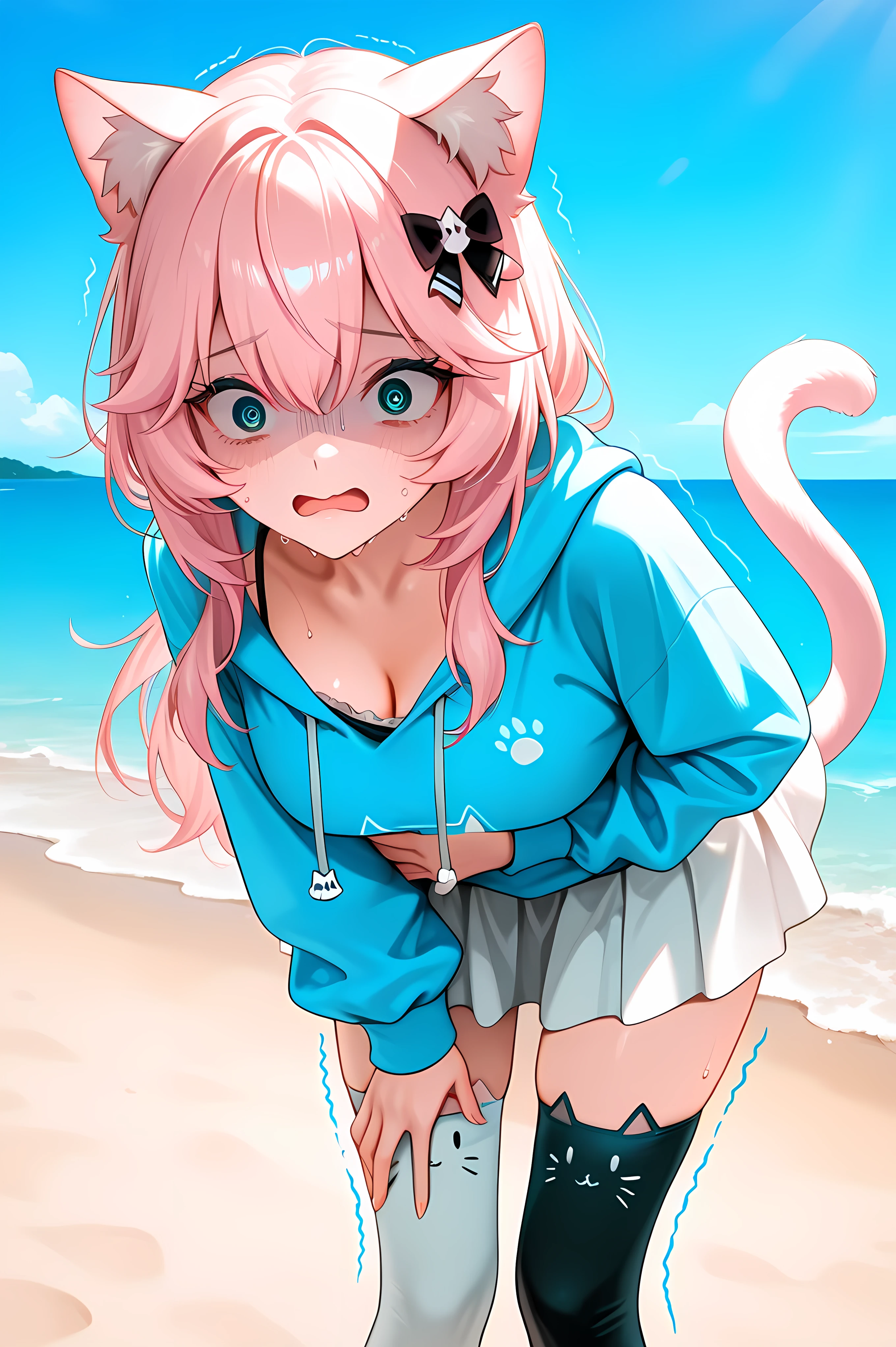 NyannersBase, long hair, cat ears, cat tail, hoodie, long sleeves, camisole, cat print, white skirt, cat ear legwear, asymmetrical legwear,nyanners, general, masterpiece, highres, ultra-detailed, hyper-detailed, best quality, amazing quality, very aesthetic, best hands, best eyes, best hand
adult woman, 1woman, hand on own stomach, sweat, leaning forward, nervous, scared, trembling legs, on a beach, sunny day, sea
