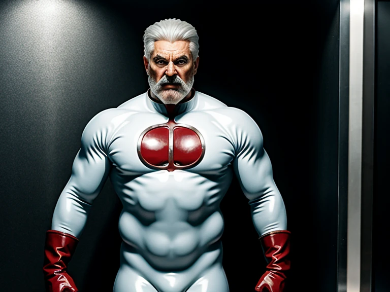 (masterpiece, best quality), 1 old man, handsome beautiful face, muscle male, beautiful body, wearing asuka plugsuit, bodysuit, interface headset, red bodysuit, nice bulge, nicebulge, pronounced nipples, big swollen sensitive nipples,