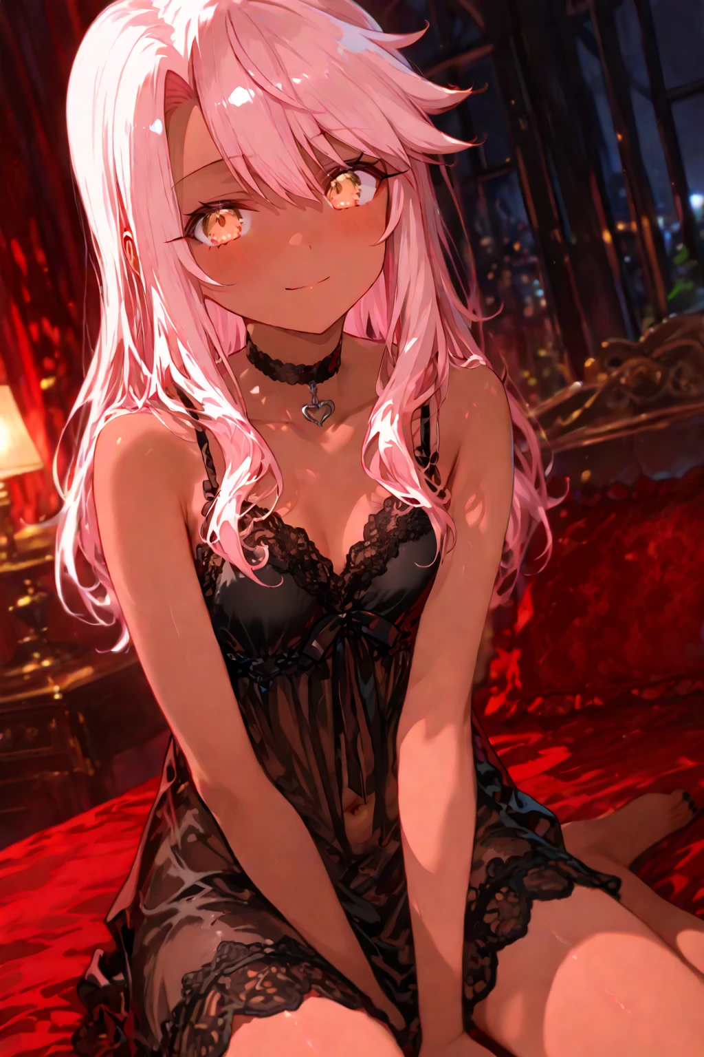 One girl、A little sexy、Blonde、Red sparkling eyes、detailed cute eyes,(glowing eyes:1.4),smile sweetly,((Droopy eyeole on left cheek Medium Curl Hair、Dog ears、Lying down、Golden Room、pearls choker,sensual pose,