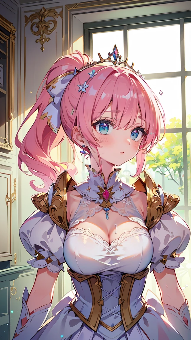 ((Extremely detailed depiction, Super detailed, Exquisite quality, Ultra-high resolution)), cowboy shot, ((A Rococo Victorian gown featuring a voluminous, huge, full-length hoop skirt and a long hem, Princess style skirt))), (((Light yellow satin:1.6))), ((Complex structure, Multi-layered ruffle skirt)), (Glorious reflection, prism, pure white), (((ソロの若いprincess))), Ultra-detailed and detailed face, Very cute face, Cute Smile, (((Pink Hair, ponytail))), Fluffy and smooth curly hair, Expressive hair, Super voluminous long hair, (Blunt bangs, princess_cut), Huge breasts, Cleavage, (Focus on the face:1.5), (((head tilt, looking at viewer, from side view:1.7))), (clear sky:1.2), Super detailedな肌, Skin Dentition, Eyes Blue Eyes, (((Perfect Anatomy))), Colorful flowers in full bloom, (((Surrounded by lots of flowers))), (Depth of written boundary:1.2), Particle Effects, Caustics, reality, textile shading, 