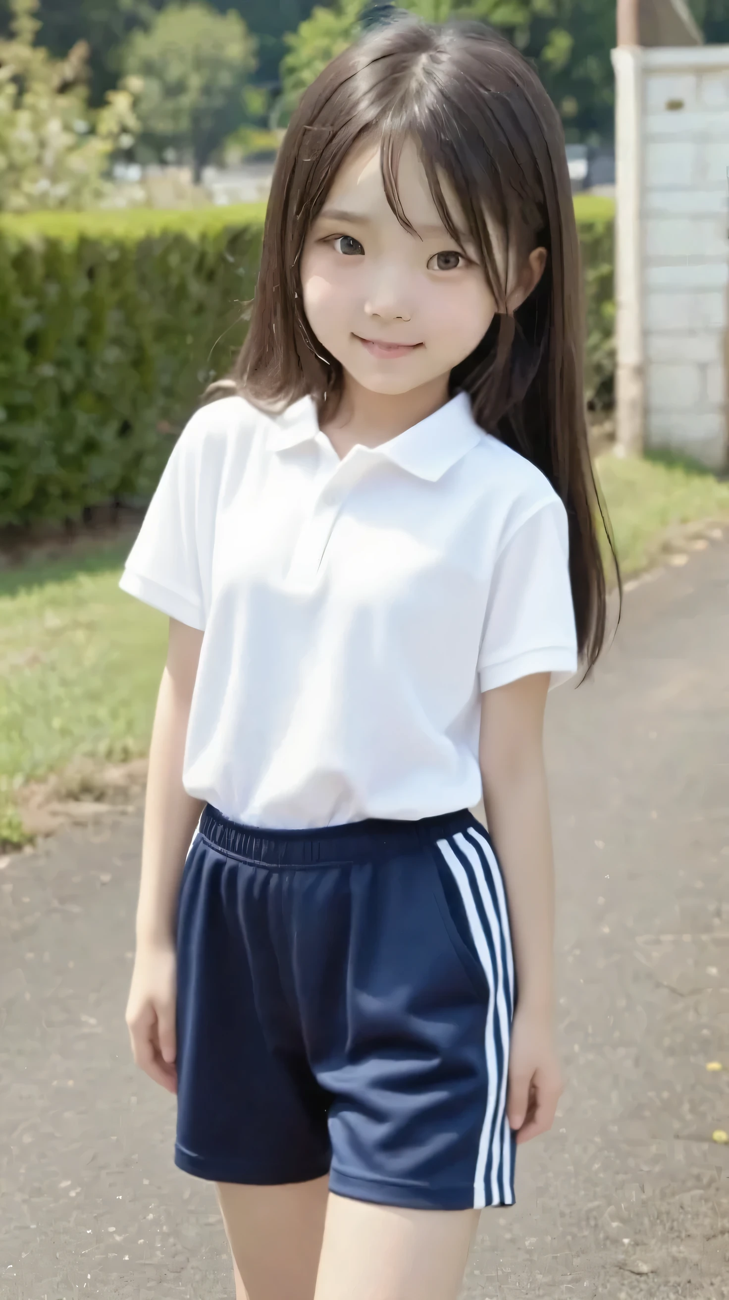 8k,Japanese,9 years old,Innocent face,Teenage Girl,cute,Random color plain t-shirt,Casual wear,Sitting,Black Hair,garden,Hair Clip,