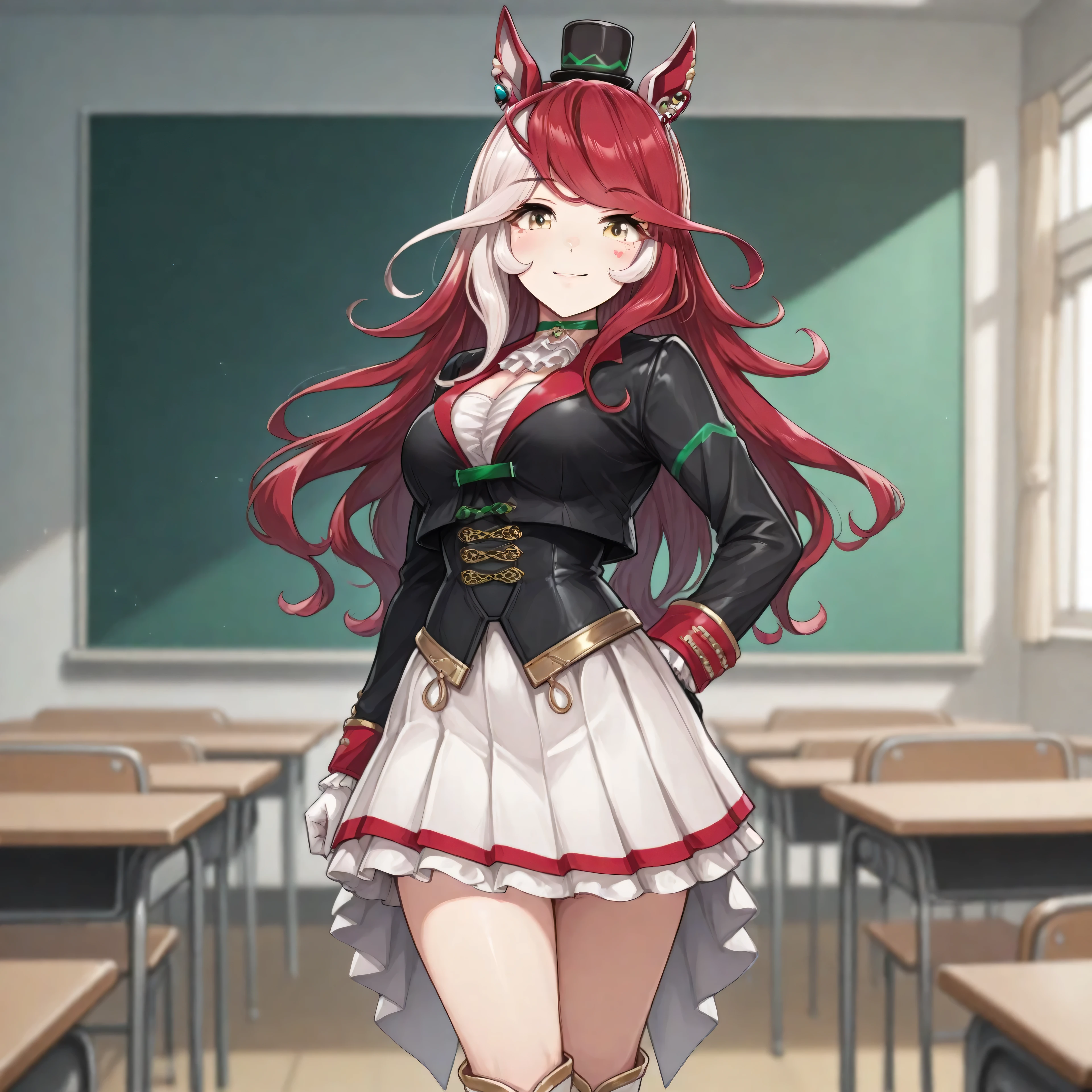 anime, lazypos, masterpiece, best quality, amazing quality, 1girl, solo, in classroom, loves only you \(umamusume\), bangs, long hair, mini hat, mini top hat, multicolored hair, red hair, white hair, top hat, hat, race costume, boots, earrings, gloves, long sleeves, black shirt, pleated skirt, skirt, white footwear, white skirt,