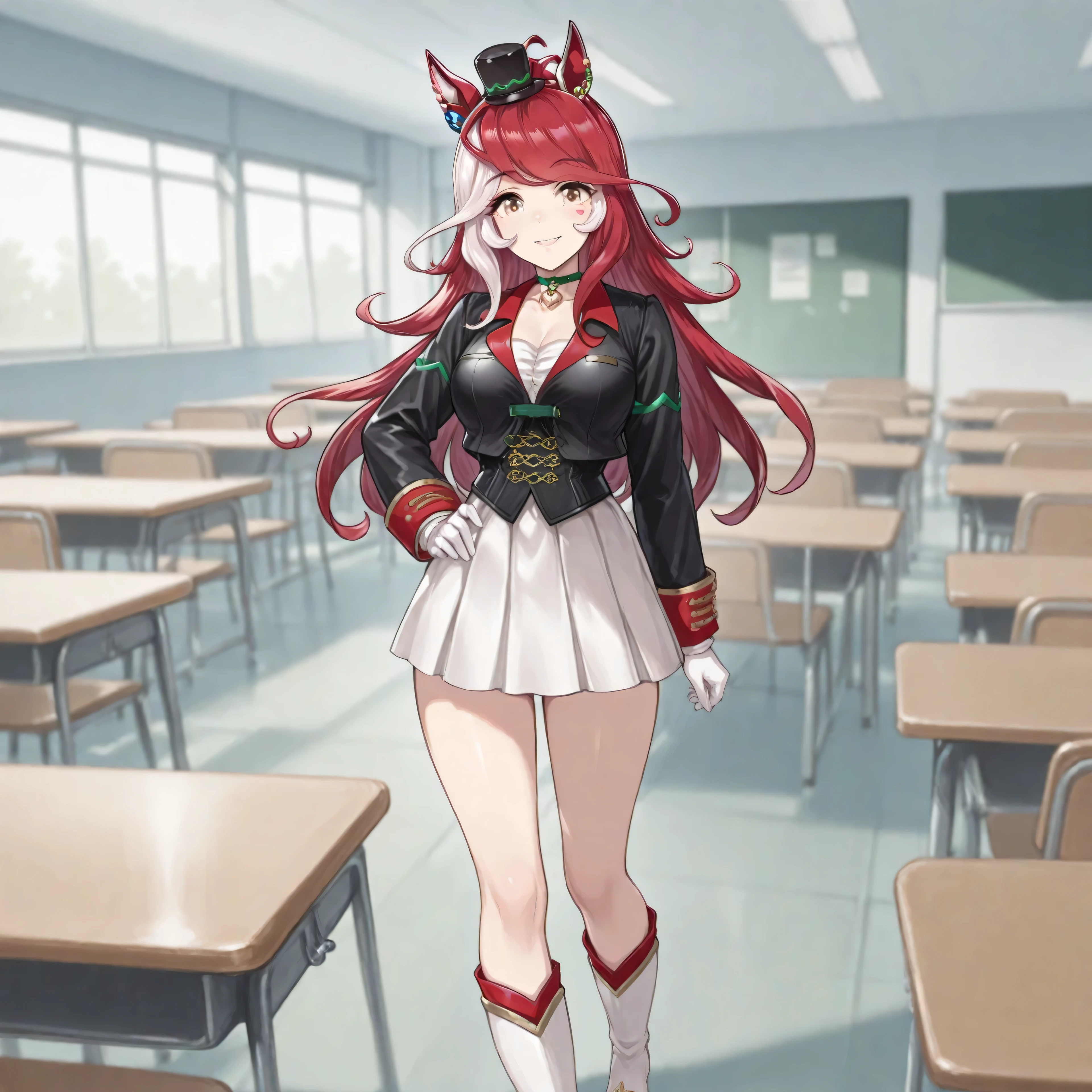 anime, lazypos, masterpiece, best quality, amazing quality, 1girl, solo, in classroom, loves only you \(umamusume\), bangs, long hair, mini hat, mini top hat, multicolored hair, red hair, white hair, top hat, hat, race costume, boots, earrings, gloves, long sleeves, black shirt, pleated skirt, skirt, white footwear, white skirt,