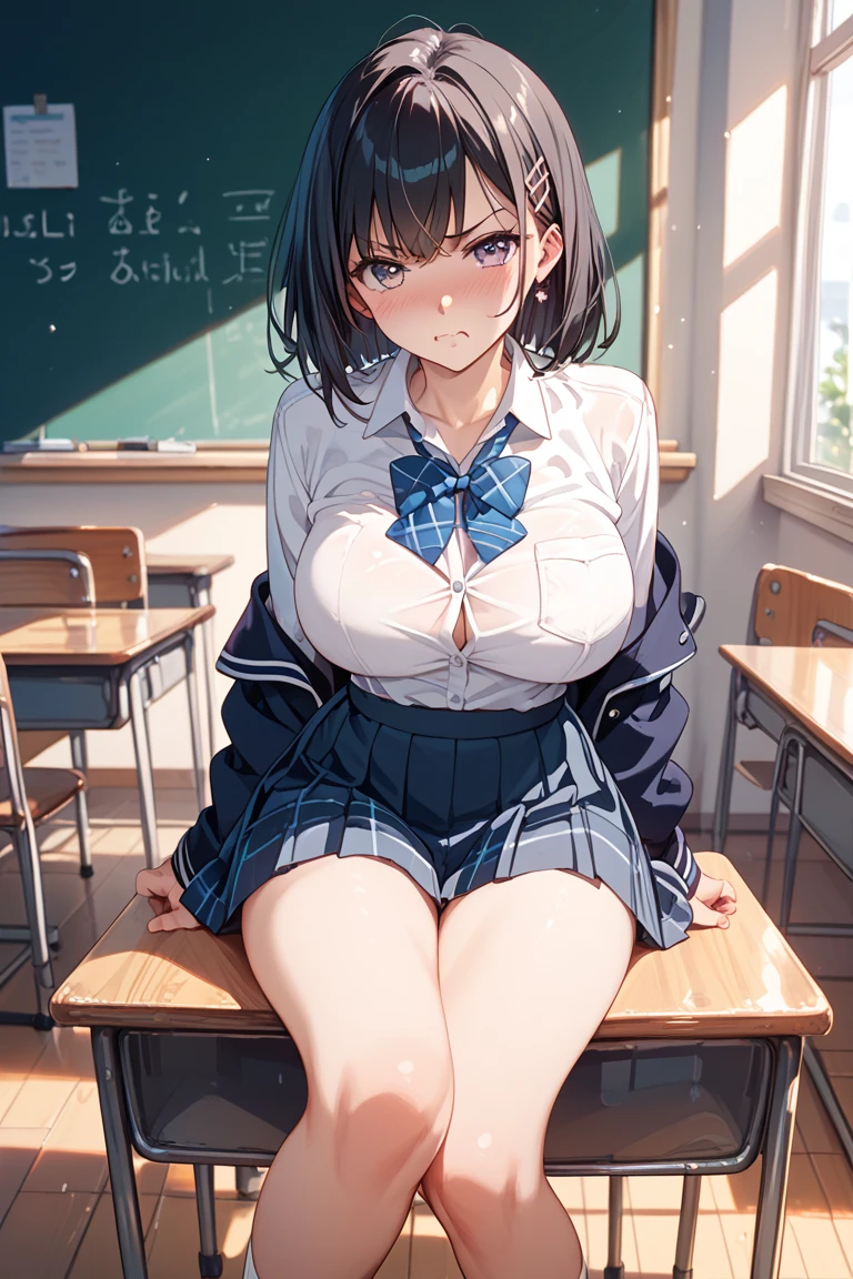 Super Resolution、
(Lively:1.3)、
(One slim girl)、Stylish girl、Huge boobs:1.5、((Boobs exposed:1.5))、((exposed:1.5))、Short Hair Shiny Lip Gloss、The bra is see-through:1.5. Thick thighs、Knee-high socks、Earrings、White sweater
(Enamel material)、mini skirt、
 Exquisite beauty、Beautiful Face, (Pitch Resuit), In the classroom、Embarrassed face