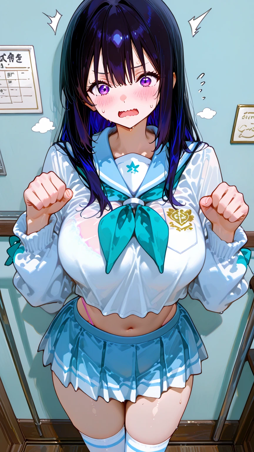 1 Female,High definition,high resolution,Ultra-realistic,8K, kr1, multicolored hair, dyed bangs, long sleeves, bow, pink dress, white vest, white skirt,European,sexy,Upper body close-up,Photographed from the front,Dynamic Angles,private teacher,blush, big breasts,huge tits, (nipples) ,show ,4k, high resolution, detailed face,((upper body)),((nipples)), underwater background 