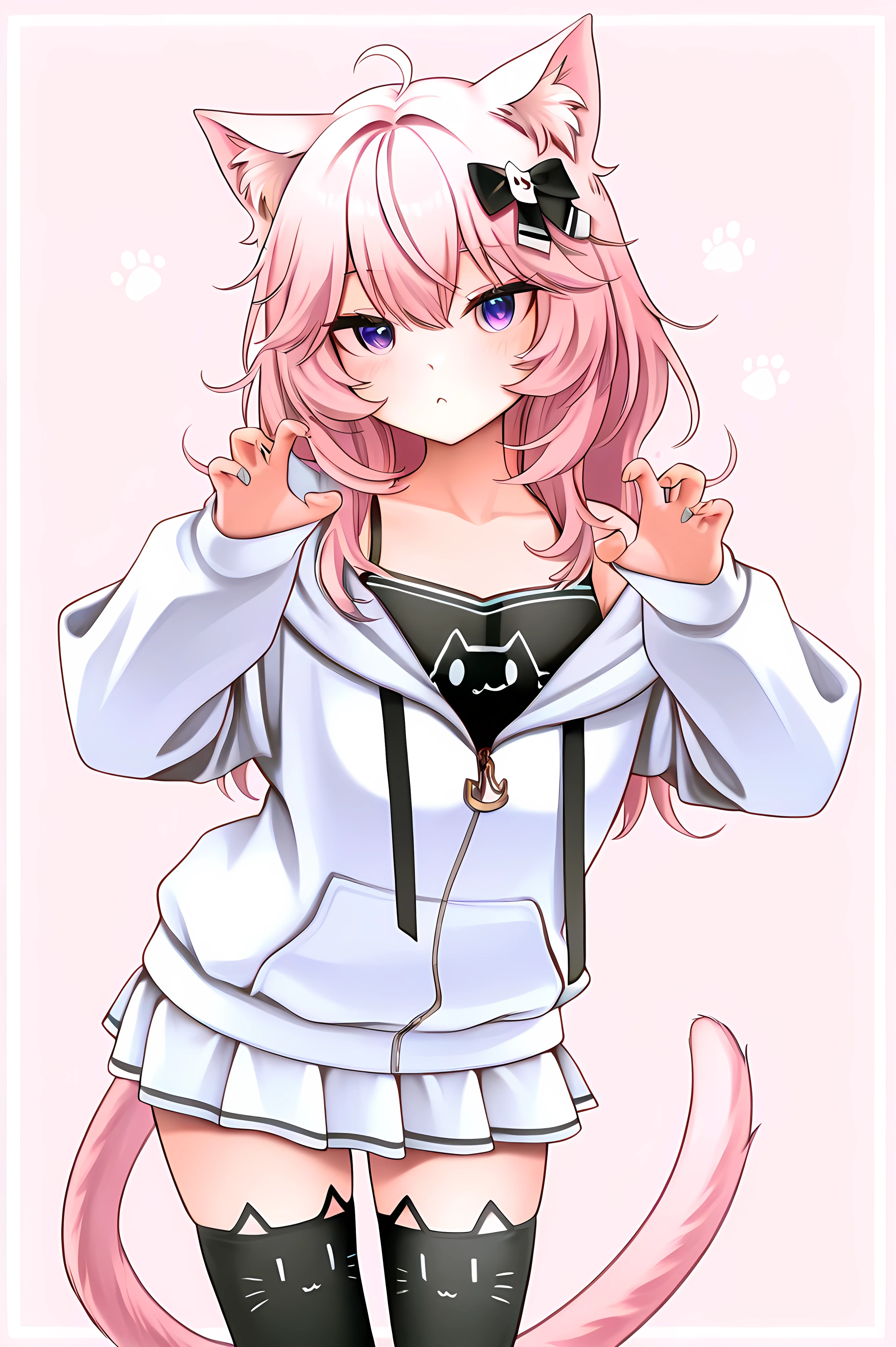 NyannersBase, long hair, cat ears, cat tail, hoodie, long sleeves, camisole, cat print, white skirt, cat ear legwear, asymmetrical legwear,nyanners, general, masterpiece, highres, ultra-detailed, hyper-detailed, best quality,  amazing quality, very aesthetic, best hands, best eyes, best hand

